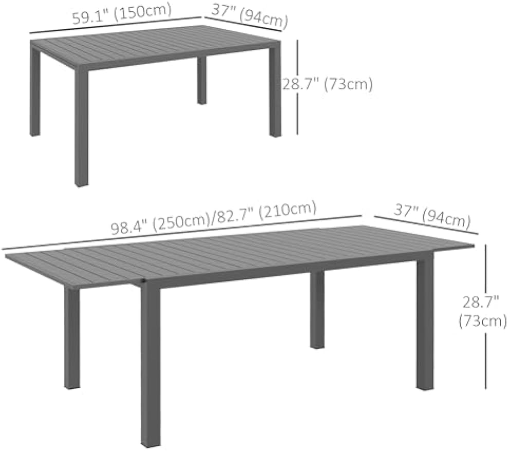 Outsunny Expandable Patio Table, Rectangle Patio Table, Outdoor Dining Table for 6-8 People with Aluminum Frame & Slatted Tabletop for Garden, Lawn, Balcony, Terrace, Charcoal Gray