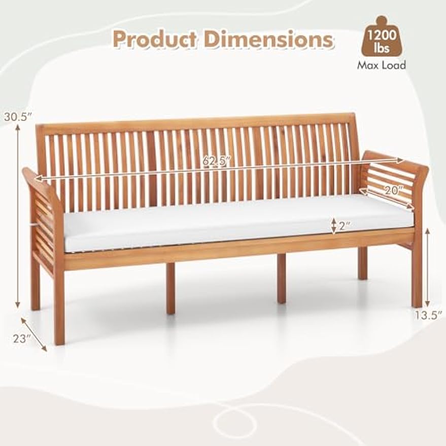 COSTWAY Wooden Outdoor Bench with White Cushion, Garden Bench with Curved Armrest & Slatted Back for Patio, Park & Porch, 23”x 62.5”x30.5”