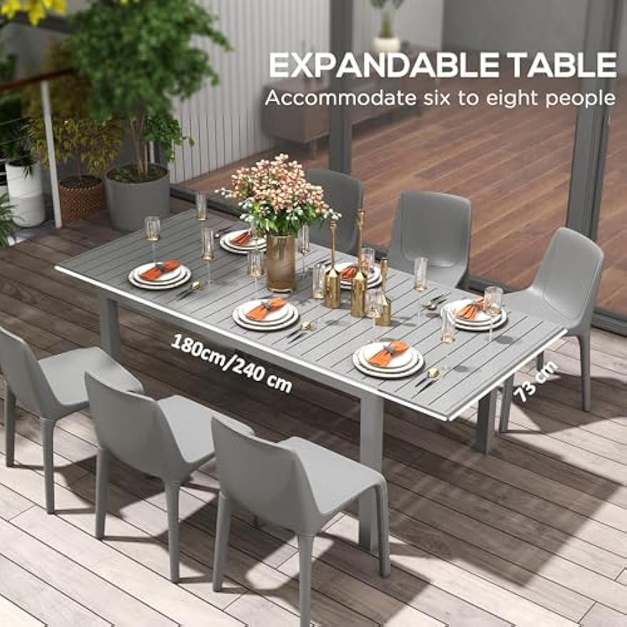 Outsunny Expandable Patio Table, Rectangle Patio Table, Outdoor Dining Table for 6-8 People with Aluminum Frame & Slatted Tabletop for Garden, Lawn, Balcony, Terrace, Charcoal Gray