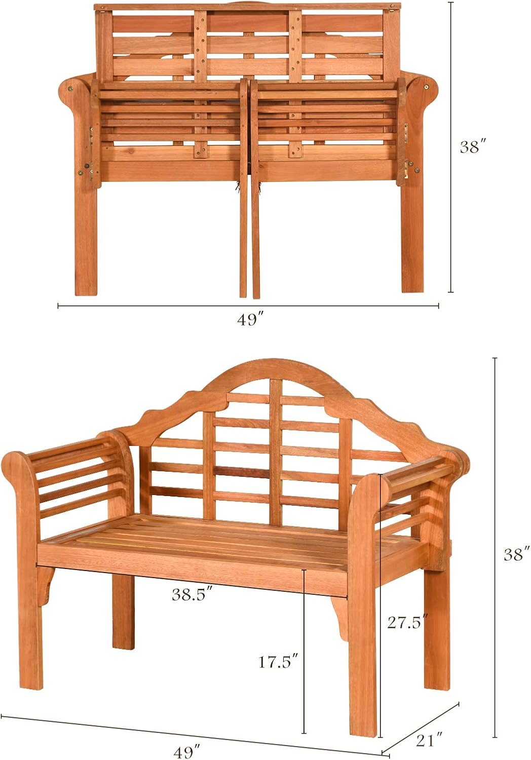 Classic Patio Loveseat Bench, Eucalyptus Wood, 4 FT, 2-Person, Foldable, Outdoor, Arched Back & Armrests, Natural Teak