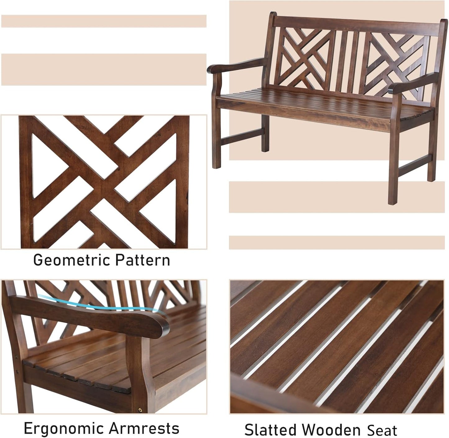 MFSTUDIO Outdoor Acacia Wood Garden Bench with Backrest and Armrest, 2-Person Slatted Seat Bench Patio Furniture for Porch Park Yard, Weight Capacity 600 lbs(Brown)