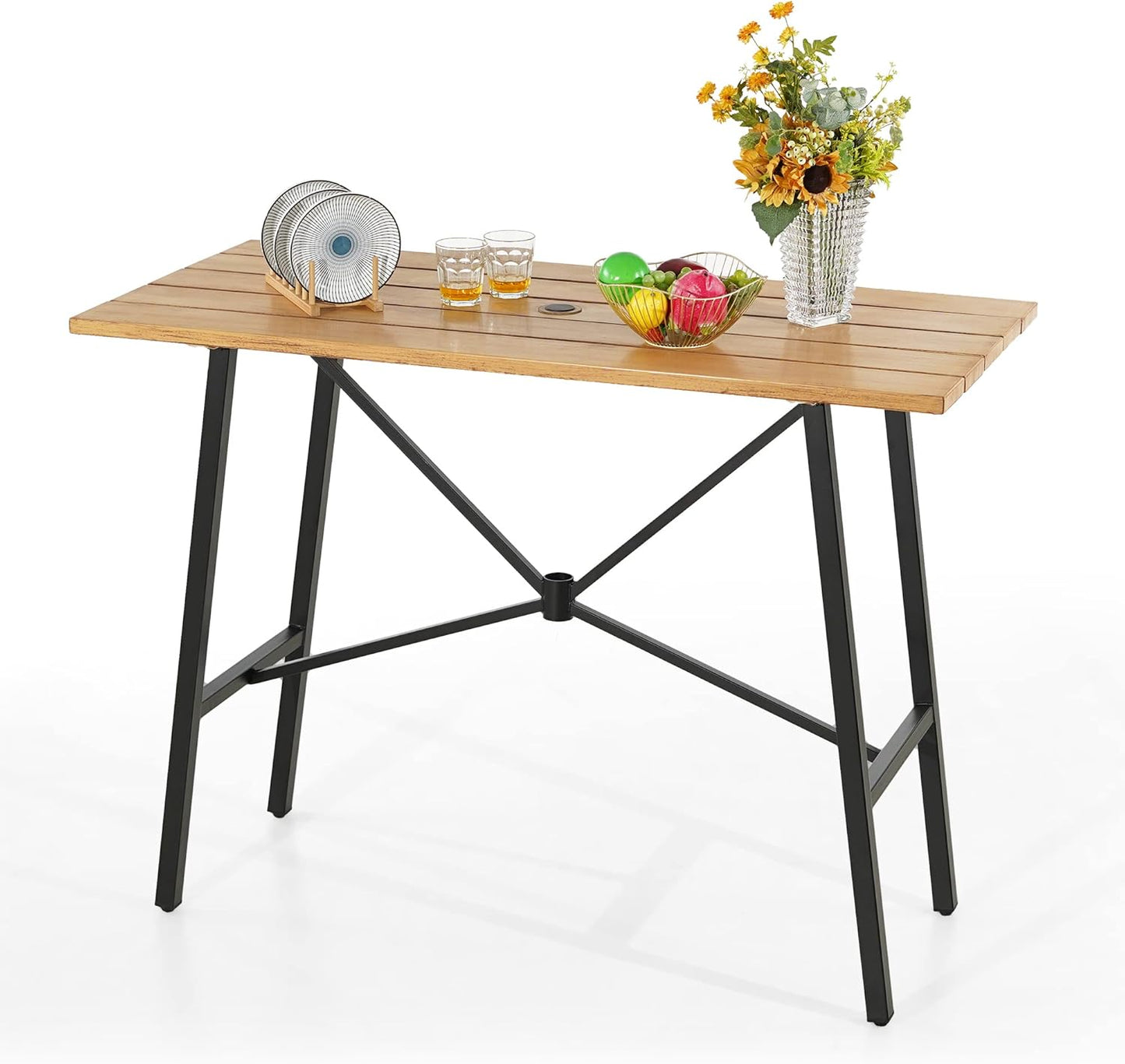 PHI VILLA Outdoor Patio Bar Dining Table for 6, 40" High Top Rectangle Metal Steel Table with 1.97" Umbrella Hole for Garden, Yard and Deck, Black