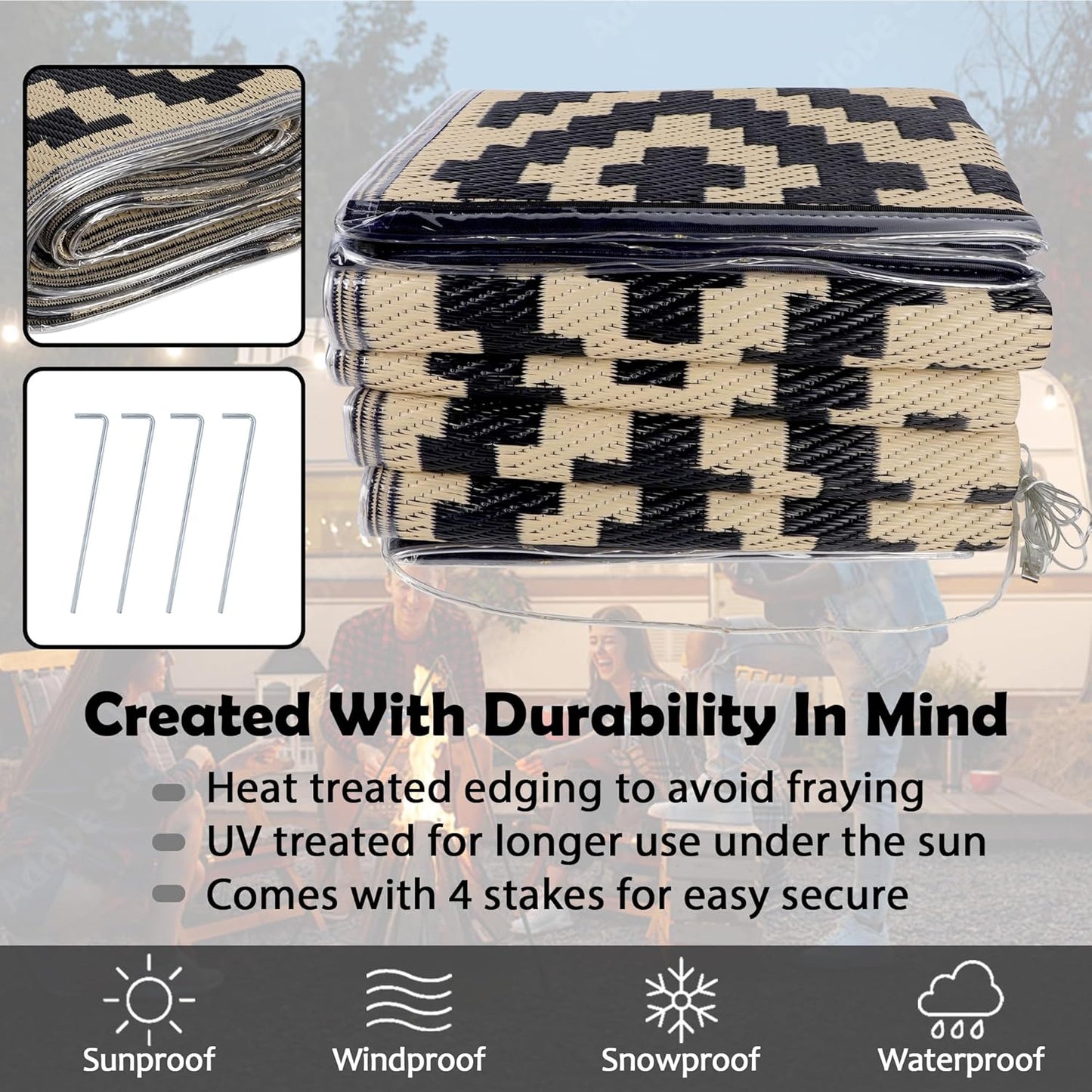 SAND MINE Reversible Mats with Led Strip Lights, Plastic Straw Rug, Modern Area Rug, Large Floor Mat for Outdoors, Patio, Backyard, Deck, Picnic, Camping, Black & Beige, 8' x 10'