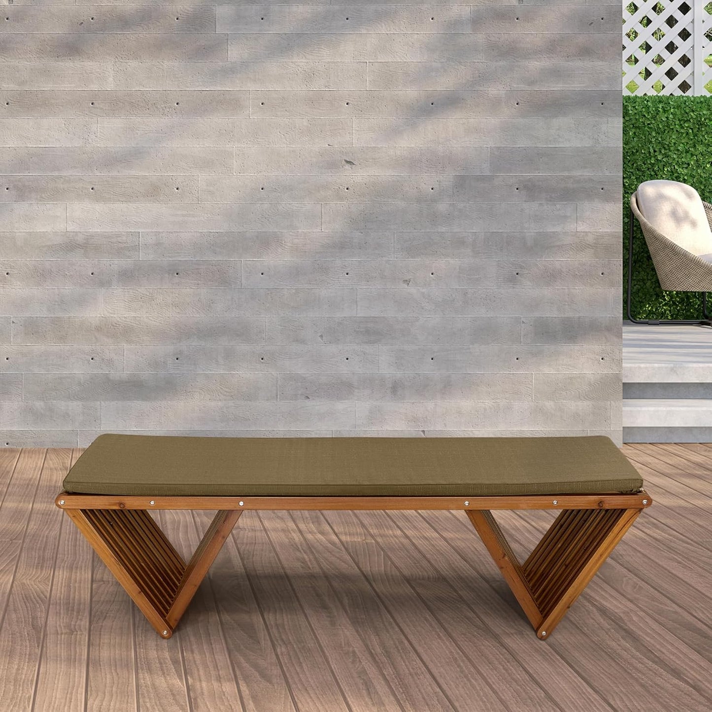 Mega Casa Outdoor Wooden Bench with Weatherproof Cushion, Solid Fir Wood, Coating with Wood Varnish, 3-Seater, for Patio, Porch, Yard, Garden, 62.8 inches (Teak Tone)