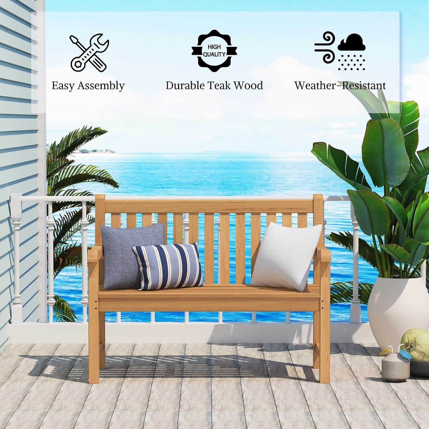 Outdoor Teak Bench, Park Bench for 2 People, Ergonomic Patio Seating, Weather-Resistant and Durable Design, Perfect for Yard, or Porch.