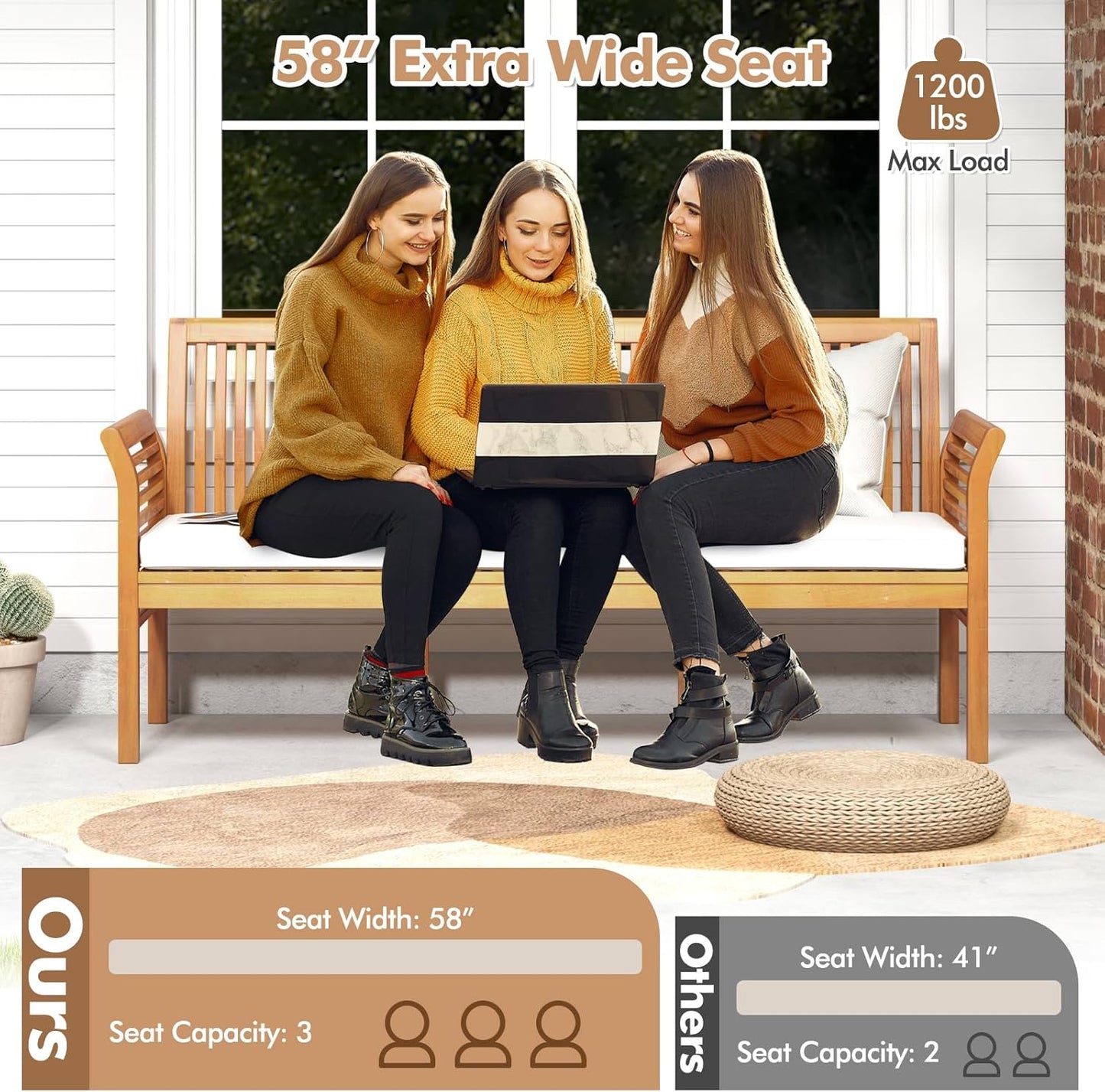 Tangkula 3-Seat Patio Acacia Wood Bench with Cushion, 62.5” Extra Long Outdoor Chair with Dense Slatted Backrest & Armrests, 1200 lbs Weight Capacity, Outside Bench for Yard, Balcony, Porch & Garden