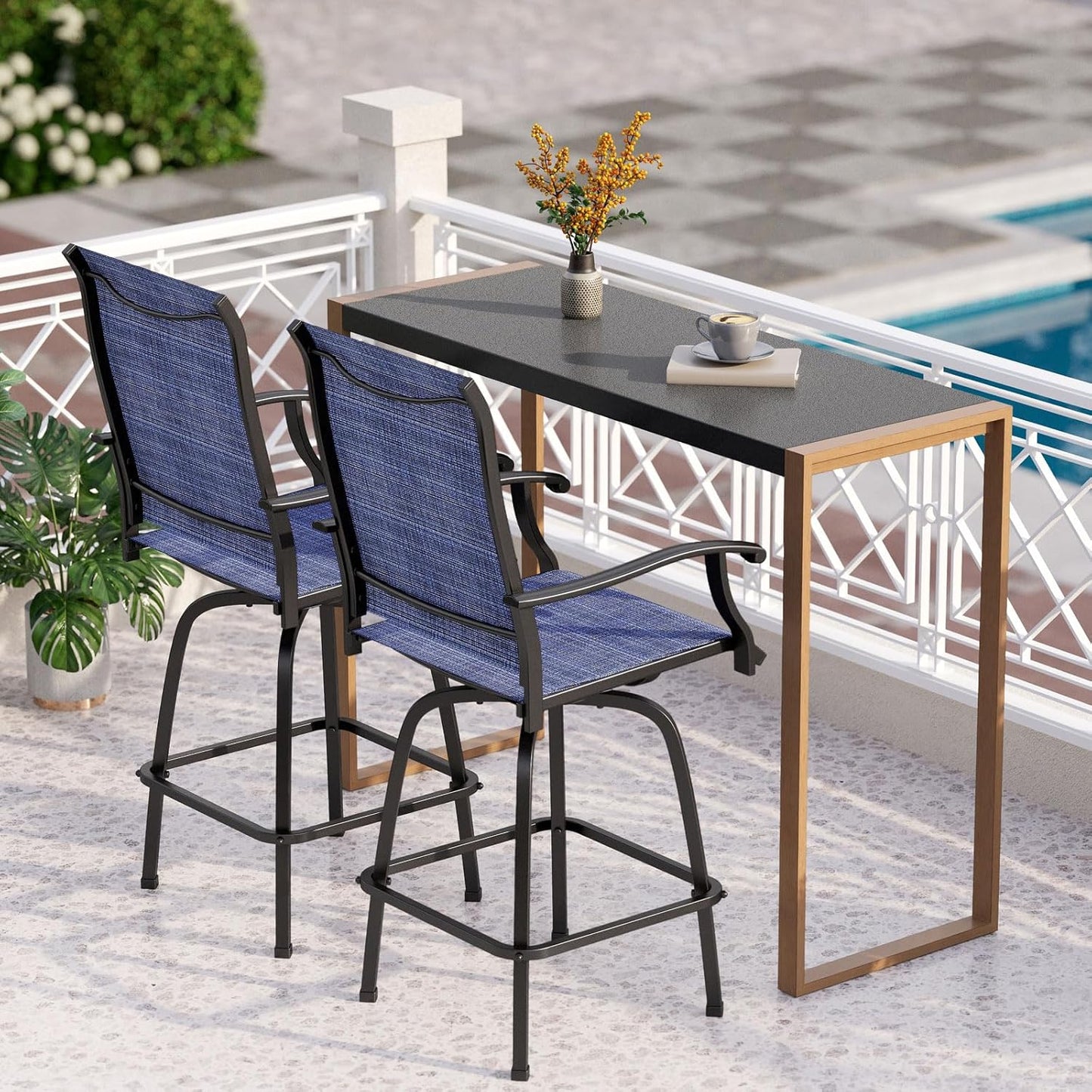 PHI VILLA Outdoor Patio Bar Dining Table for 6, 40" High Top Rectangle Metal Steel Table with 1.97" Umbrella Hole for Garden, Yard and Deck, Black