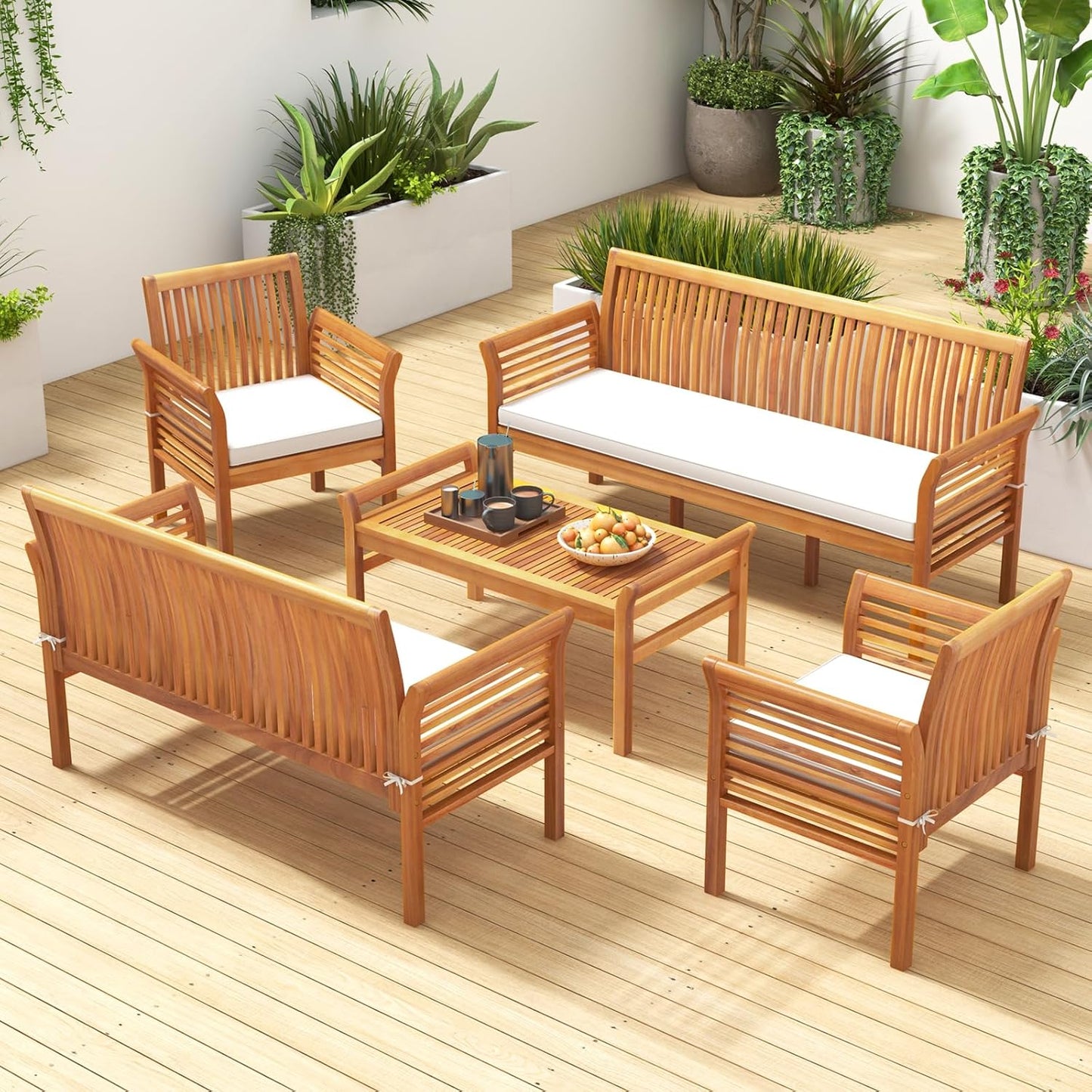 Tangkula 3-Seat Patio Acacia Wood Bench with Cushion, 62.5” Extra Long Outdoor Chair with Dense Slatted Backrest & Armrests, 1200 lbs Weight Capacity, Outside Bench for Yard, Balcony, Porch & Garden