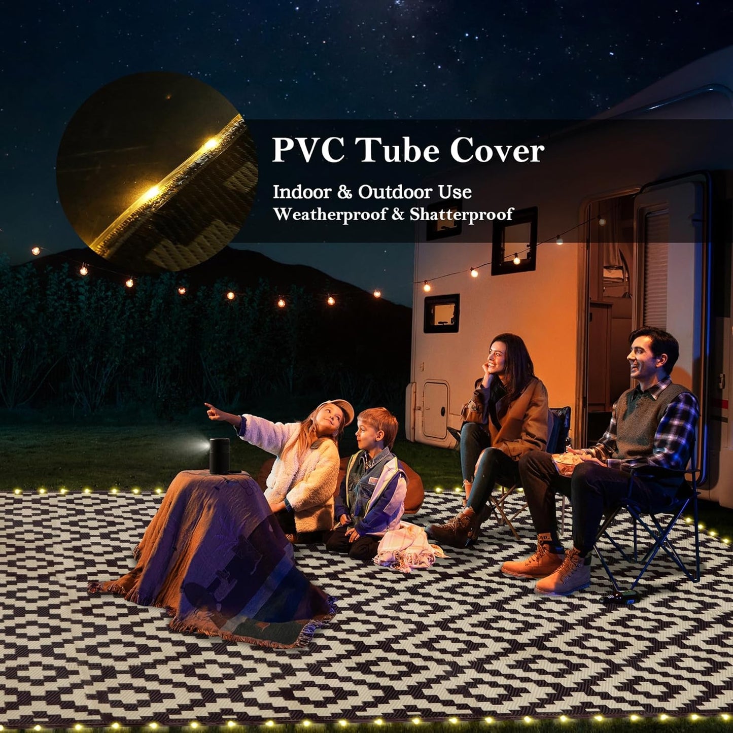 SAND MINE Reversible Mats with Led Strip Lights, Plastic Straw Rug, Modern Area Rug, Large Floor Mat for Outdoors, Patio, Backyard, Deck, Picnic, Camping, Black & Beige, 8' x 10'