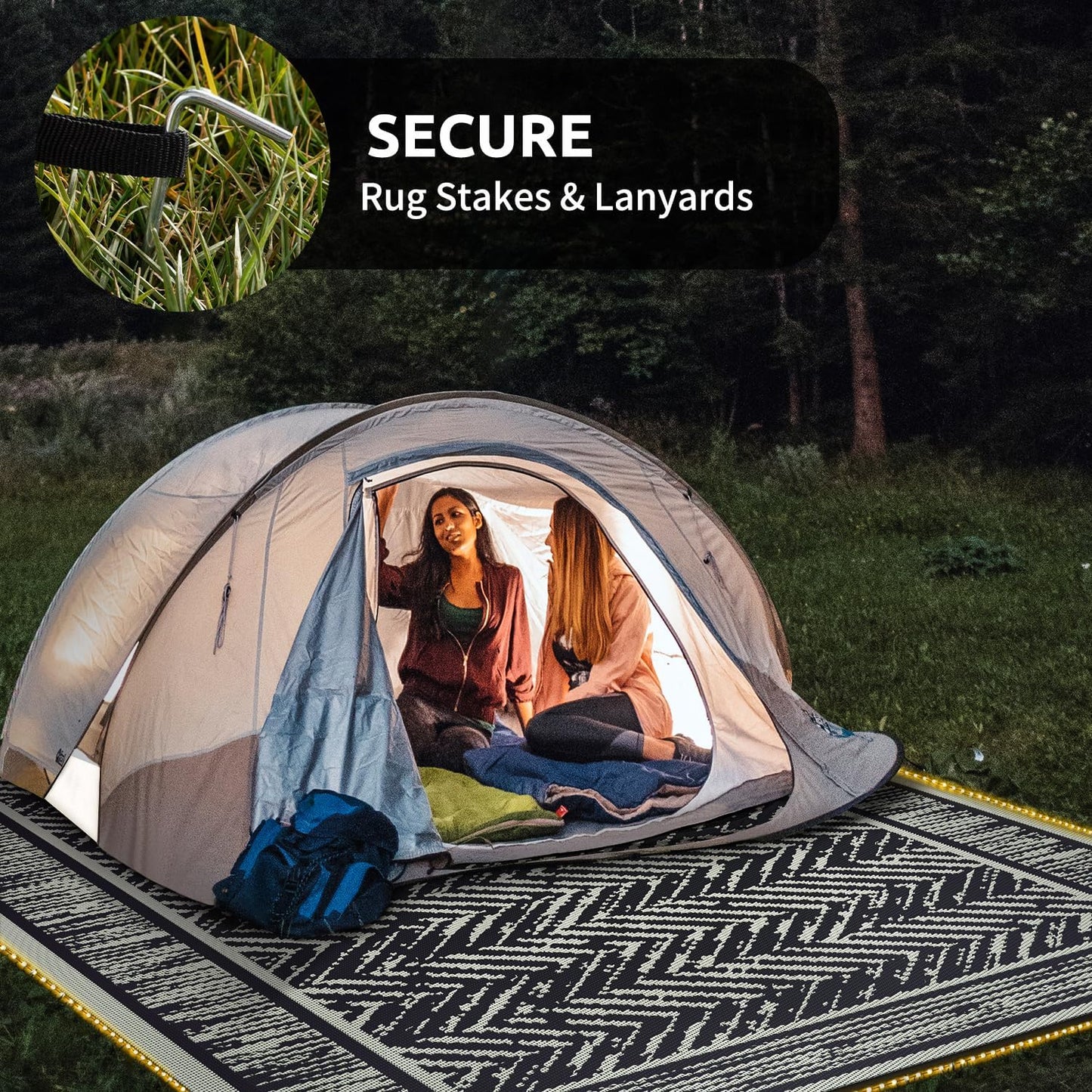 COCOER Outdoor Rug-8x10 Waterproof Patio Rug with LED Strip Lights-Reversible Outdoor Carpet Plastic Straw Outside Rug for RV Porch Balcony