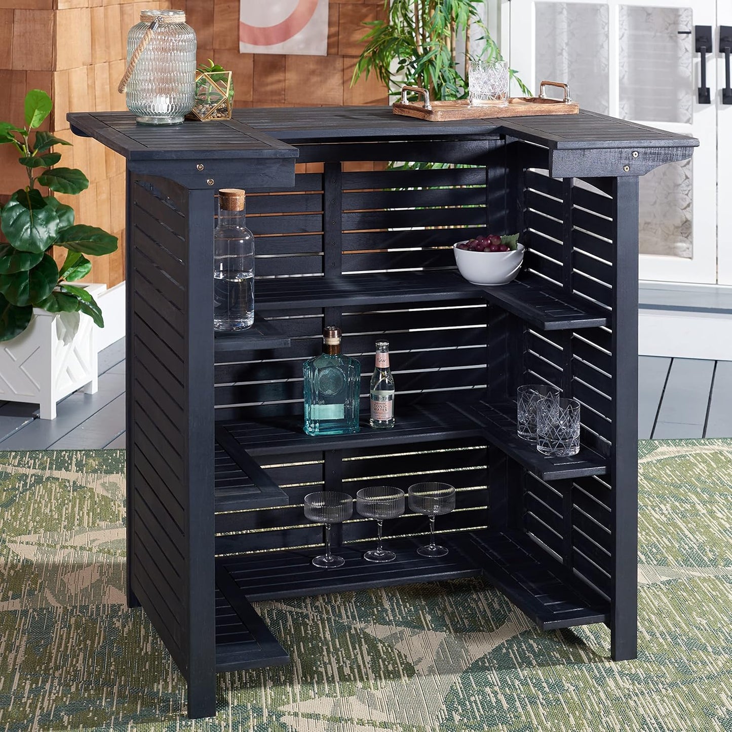 SAFAVIEH Outdoor Collection Monterey 42-inch Black Acacia Wood Slatted Bar Table