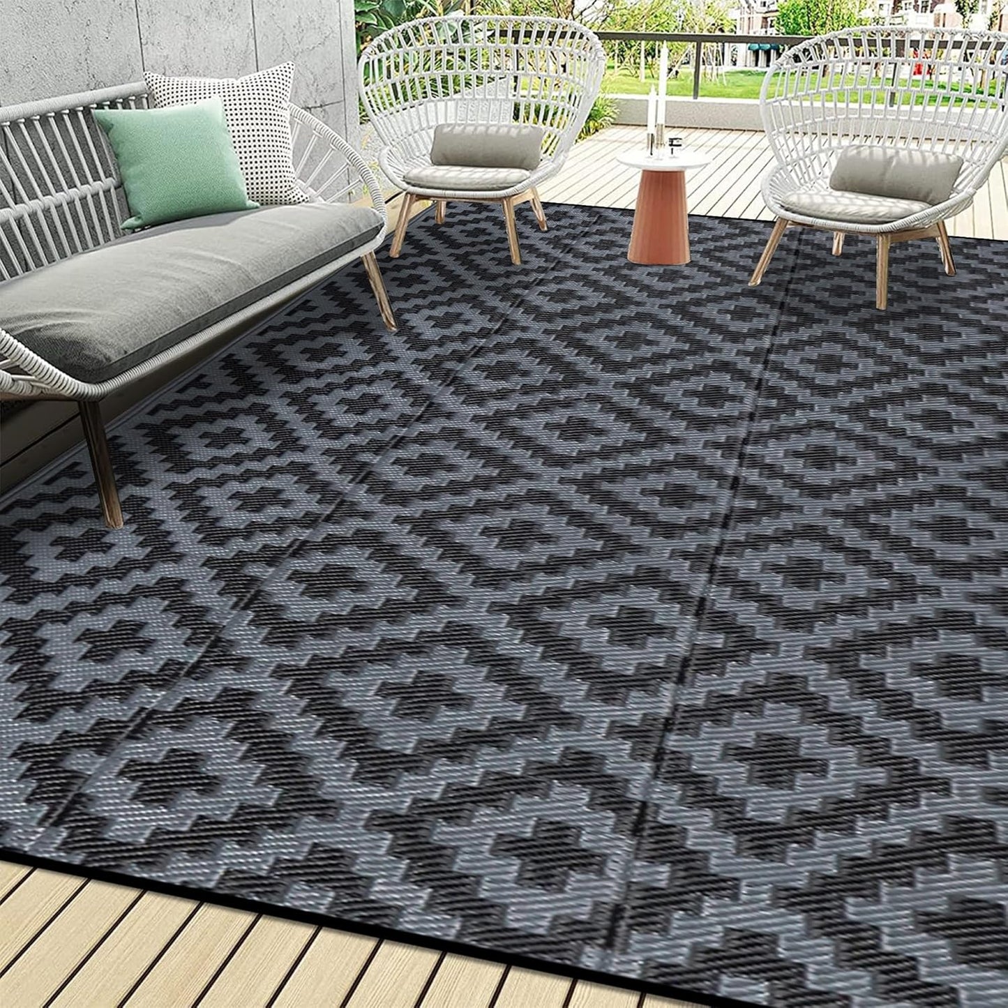 SAND MINE Reversible Mats with Led Strip Lights, Plastic Straw Rug, Modern Area Rug, Large Floor Mat for Outdoors, Patio, Backyard, Deck, Picnic, Camping, Black & Beige, 8' x 10'