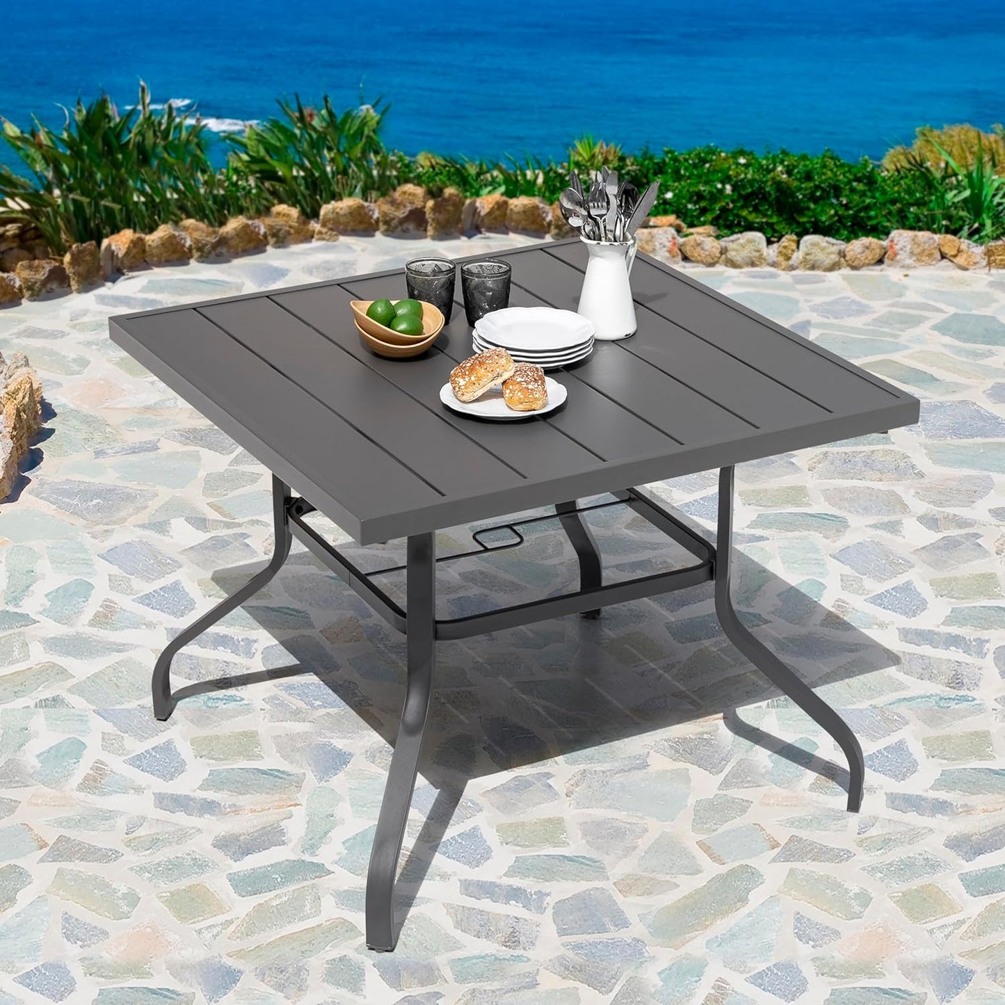 NUU GARDEN 60" Outdoor Dining Table with 2.09" Umbrella Hole, All Weather Cast Aluminum Outdoor Patio Table, 6-8 Person Rectangle Dining Table, Backyard Bistro Table for Garden, Poolside, Black
