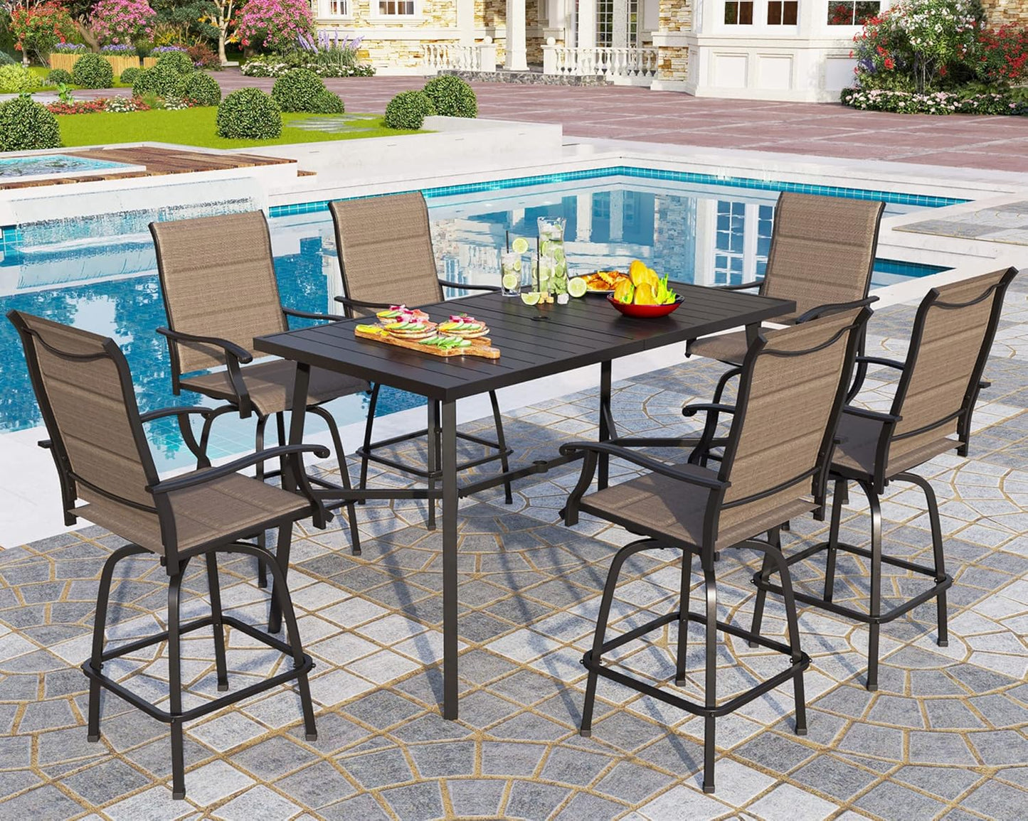PHI VILLA Outdoor Patio Bar Dining Table for 6, 40" High Top Rectangle Metal Steel Table with 1.97" Umbrella Hole for Garden, Yard and Deck, Black