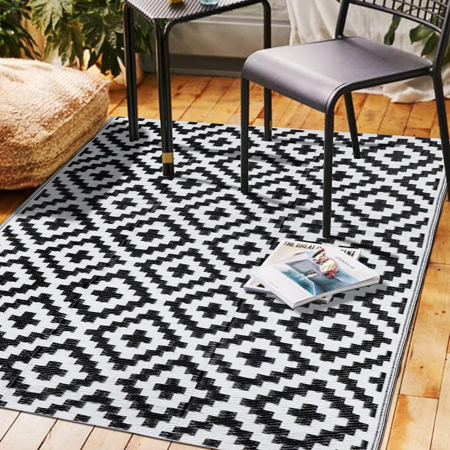SAND MINE Reversible Mats with Led Strip Lights, Plastic Straw Rug, Modern Area Rug, Large Floor Mat for Outdoors, Patio, Backyard, Deck, Picnic, Camping, Black & Beige, 8' x 10'