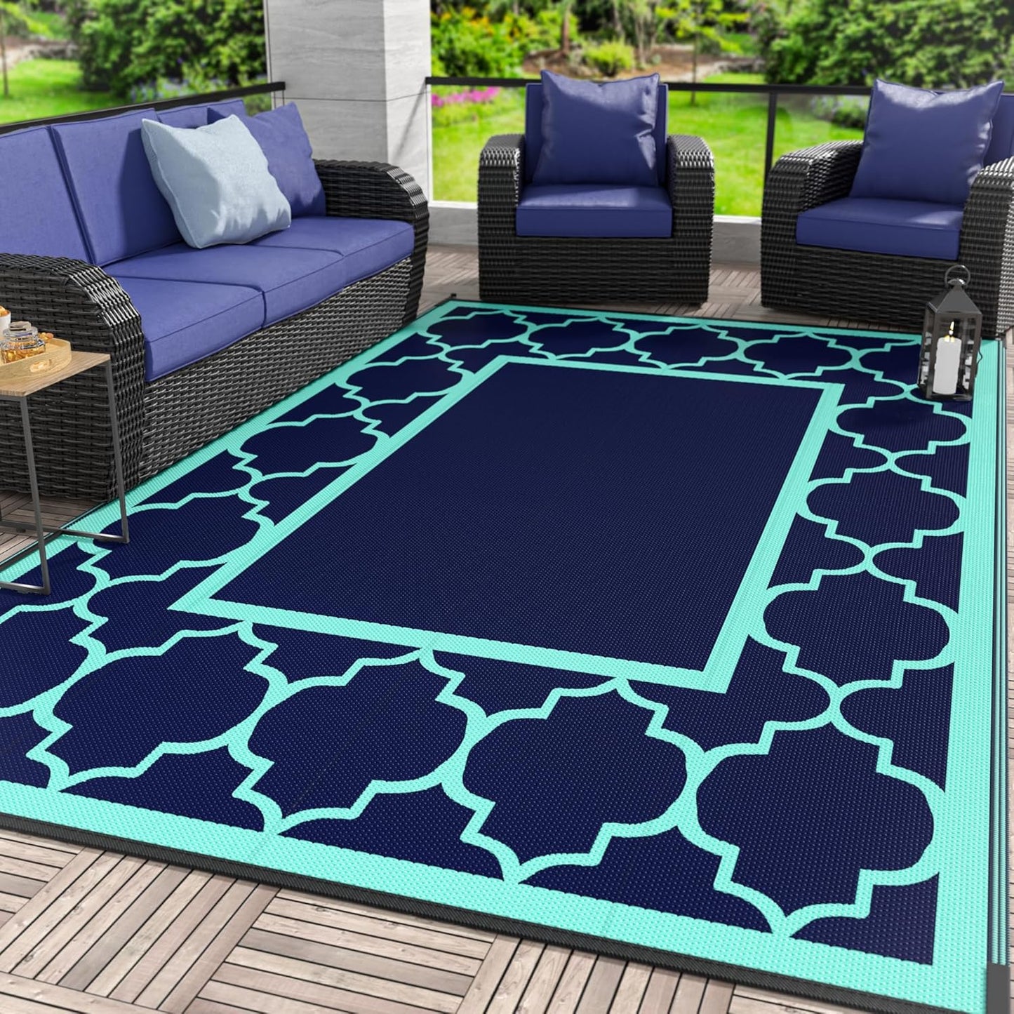 GENIMO 6' x 9' Outdoor Rug Waterproof for Patio Decor, Foldable Reversible Plastic Straw Area Rugs Mat with String Light, Led Carpet for Camper, Rv, Deck, Porch, Picnic, Beach, Balcony, Blue & White