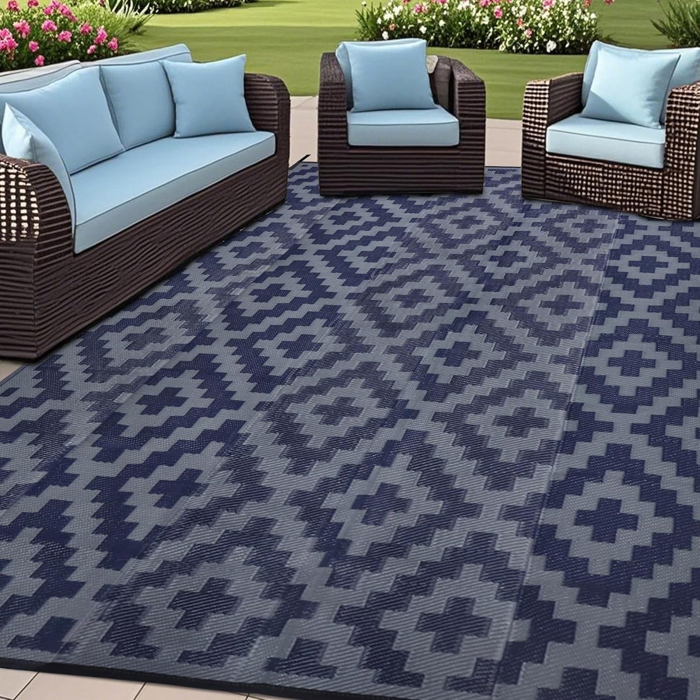 SAND MINE Reversible Mats with Led Strip Lights, Plastic Straw Rug, Modern Area Rug, Large Floor Mat for Outdoors, Patio, Backyard, Deck, Picnic, Camping, Black & Beige, 8' x 10'