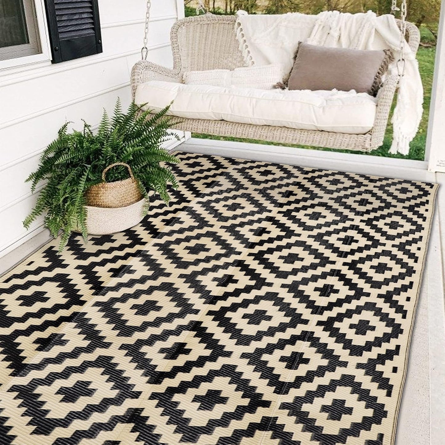SAND MINE Reversible Mats with Led Strip Lights, Plastic Straw Rug, Modern Area Rug, Large Floor Mat for Outdoors, Patio, Backyard, Deck, Picnic, Camping, Black & Beige, 8' x 10'