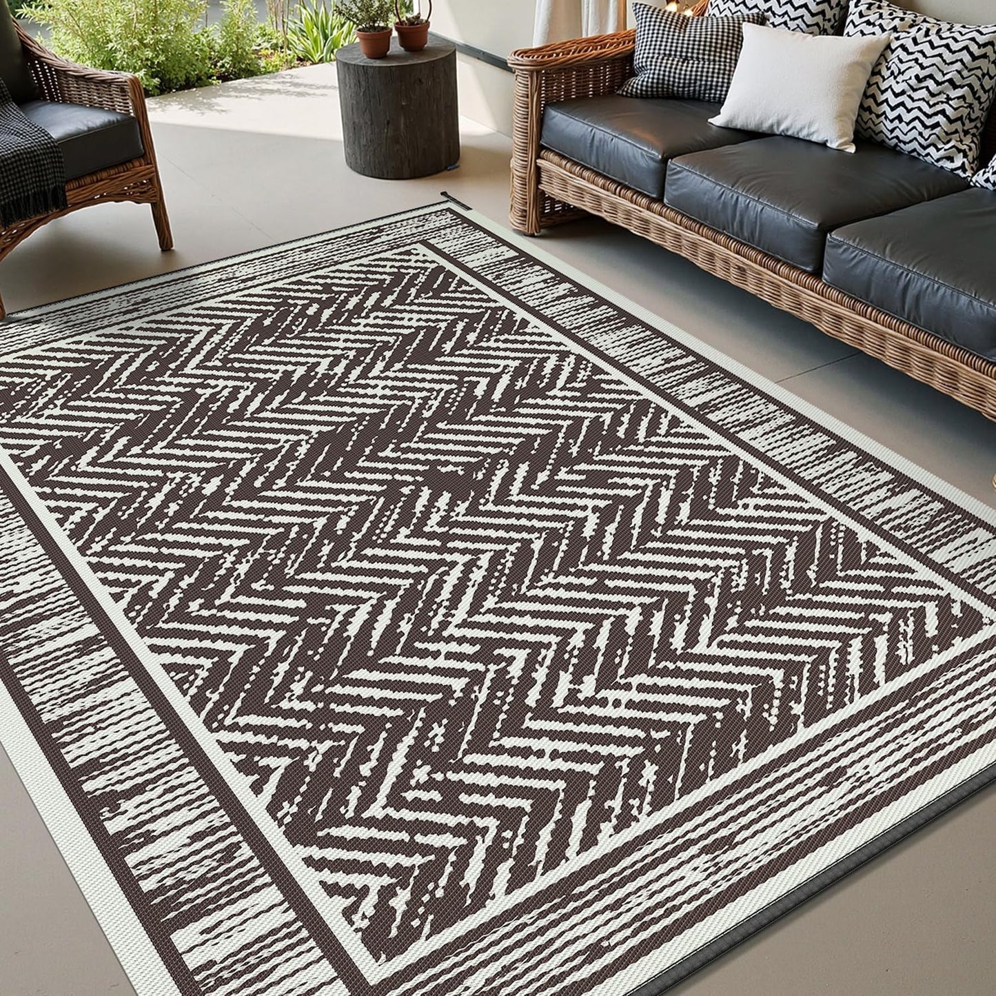 COCOER Outdoor Rug-8x10 Waterproof Patio Rug with LED Strip Lights-Reversible Outdoor Carpet Plastic Straw Outside Rug for RV Porch Balcony
