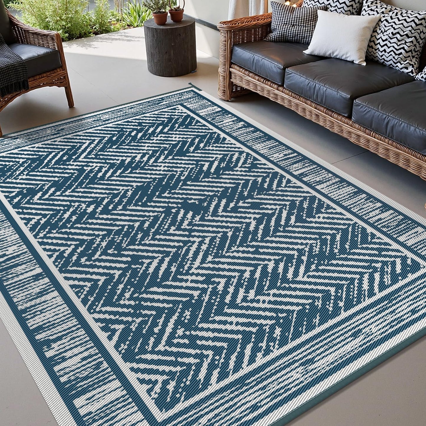 COCOER Outdoor Rug-8x10 Waterproof Patio Rug with LED Strip Lights-Reversible Outdoor Carpet Plastic Straw Outside Rug for RV Porch Balcony