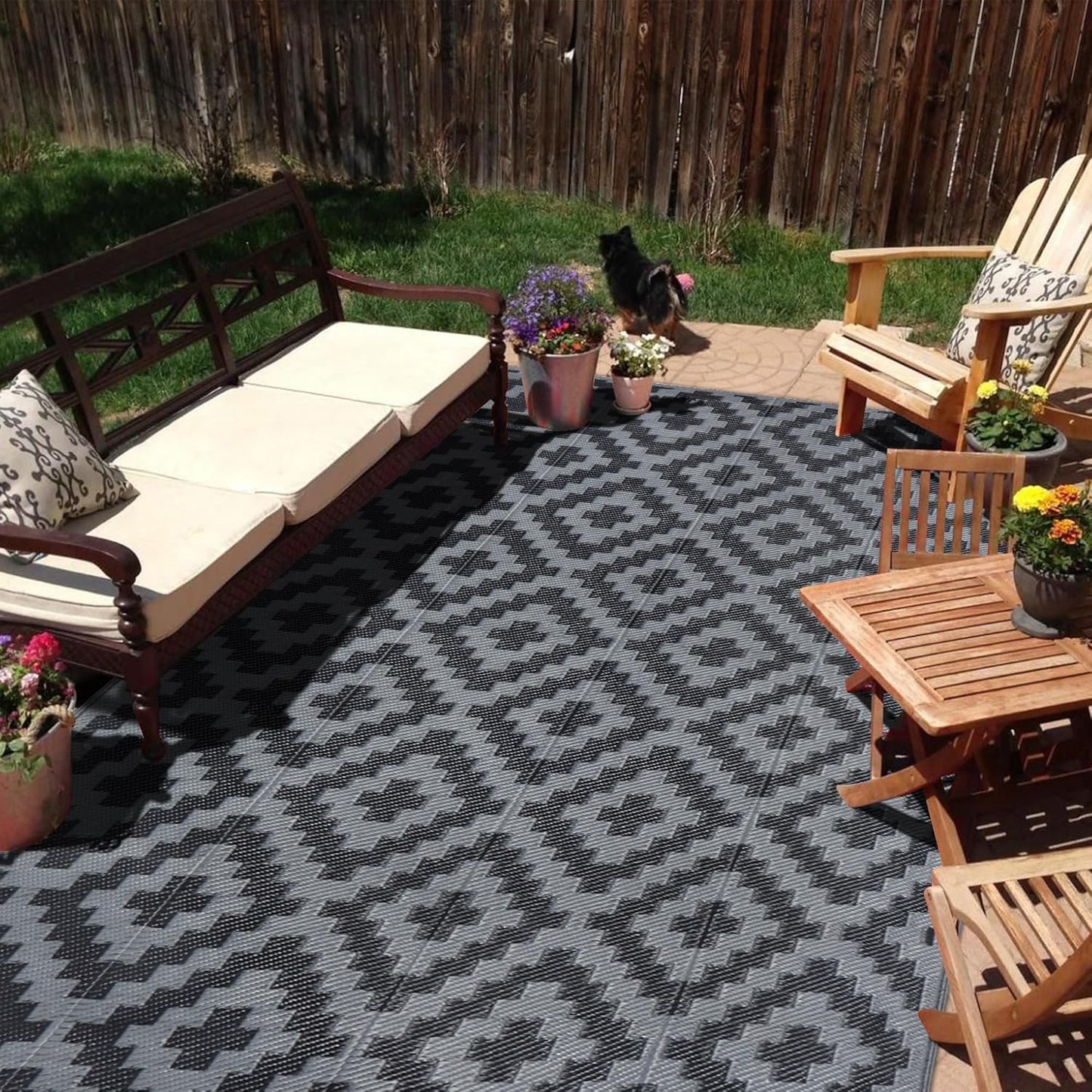 SAND MINE Reversible Mats with Led Strip Lights, Plastic Straw Rug, Modern Area Rug, Large Floor Mat for Outdoors, Patio, Backyard, Deck, Picnic, Camping, Black & Beige, 8' x 10'