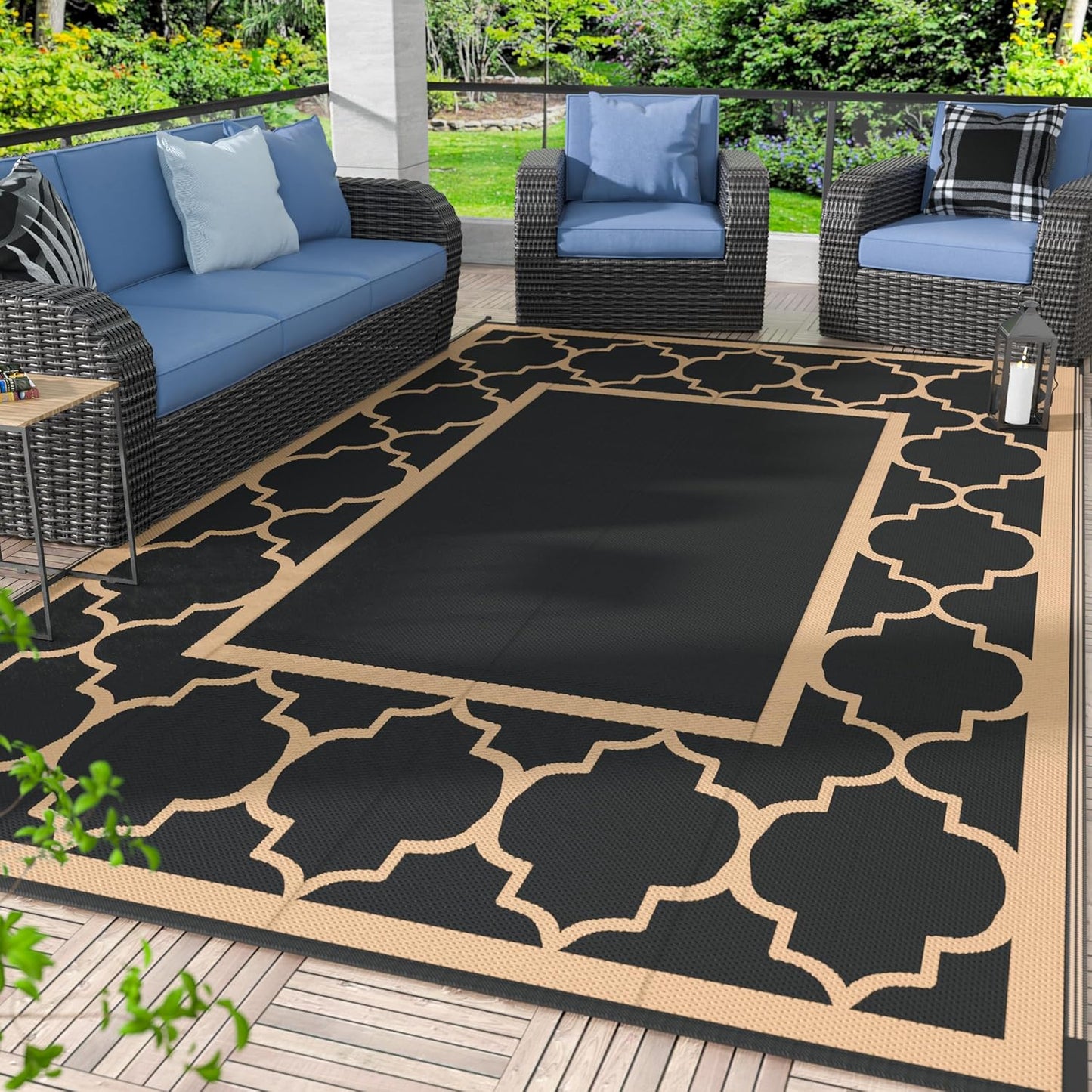 GENIMO 6' x 9' Outdoor Rug Waterproof for Patio Decor, Foldable Reversible Plastic Straw Area Rugs Mat with String Light, Led Carpet for Camper, Rv, Deck, Porch, Picnic, Beach, Balcony, Blue & White