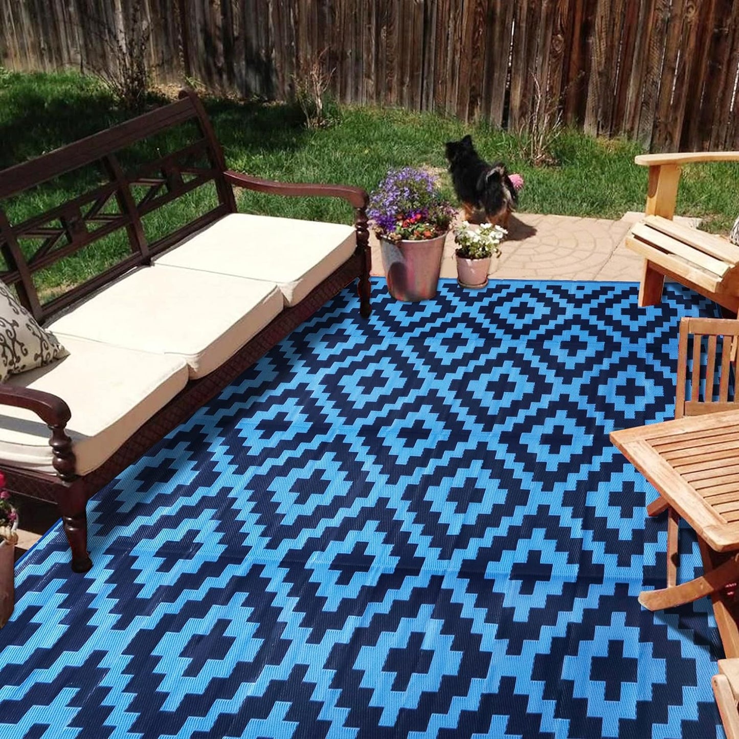 SAND MINE Reversible Mats with Led Strip Lights, Plastic Straw Rug, Modern Area Rug, Large Floor Mat for Outdoors, Patio, Backyard, Deck, Picnic, Camping, Black & Beige, 8' x 10'