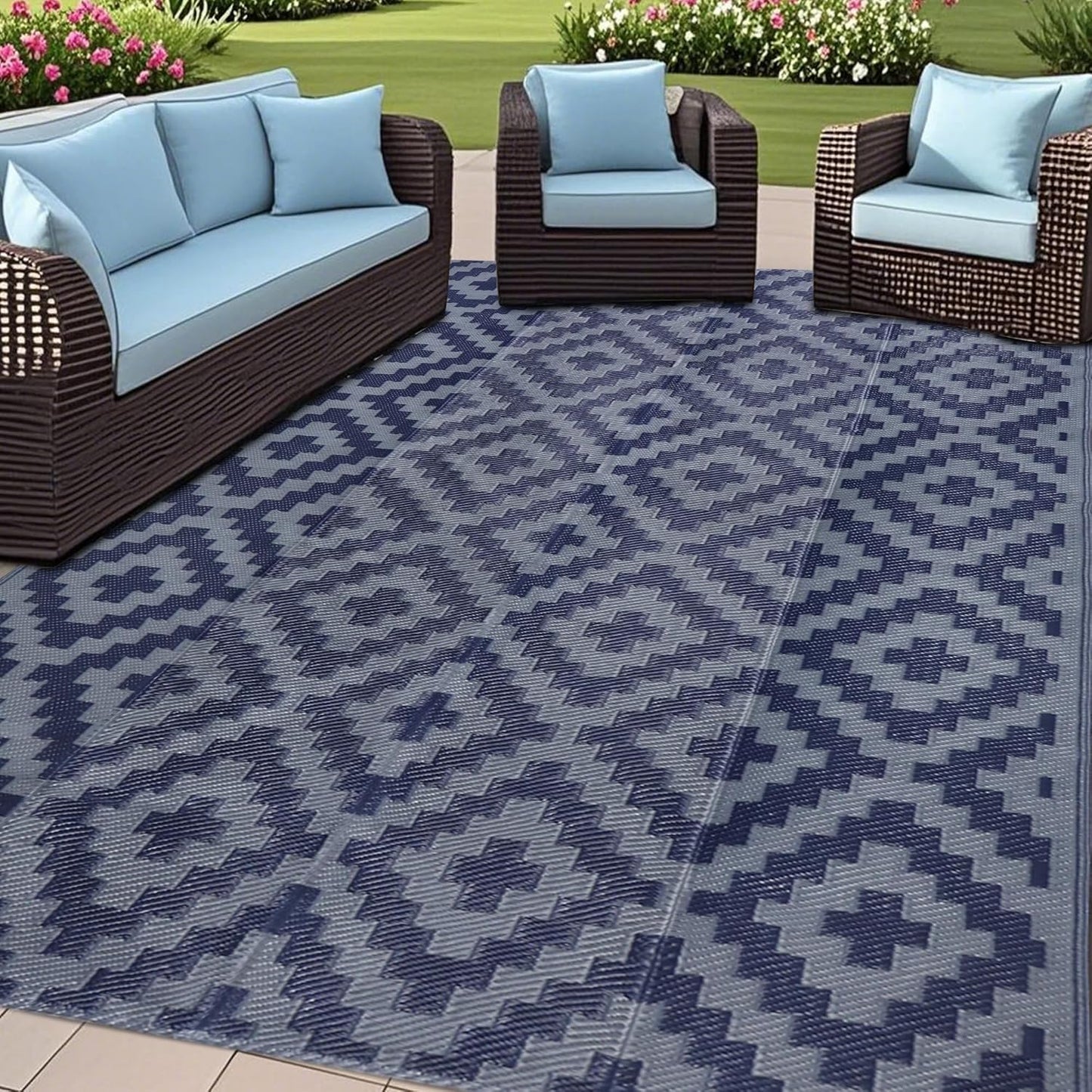 SAND MINE Reversible Mats with Led Strip Lights, Plastic Straw Rug, Modern Area Rug, Large Floor Mat for Outdoors, Patio, Backyard, Deck, Picnic, Camping, Black & Beige, 8' x 10'