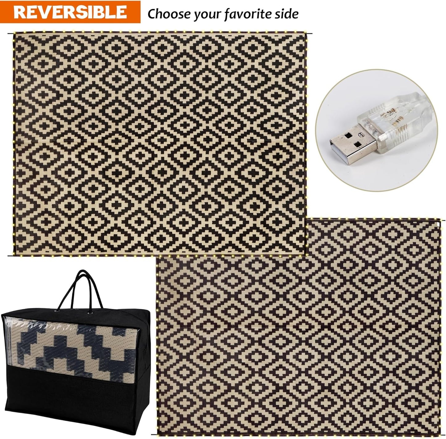 SAND MINE Reversible Mats with Led Strip Lights, Plastic Straw Rug, Modern Area Rug, Large Floor Mat for Outdoors, Patio, Backyard, Deck, Picnic, Camping, Black & Beige, 8' x 10'