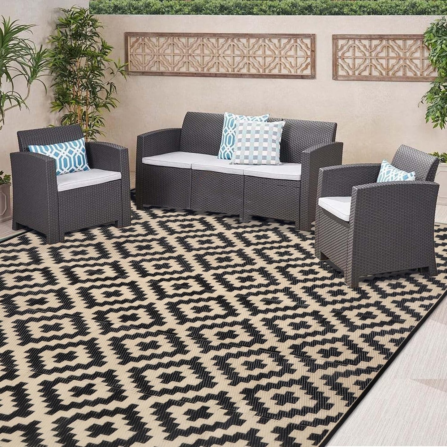 SAND MINE Reversible Mats with Led Strip Lights, Plastic Straw Rug, Modern Area Rug, Large Floor Mat for Outdoors, Patio, Backyard, Deck, Picnic, Camping, Black & Beige, 8' x 10'