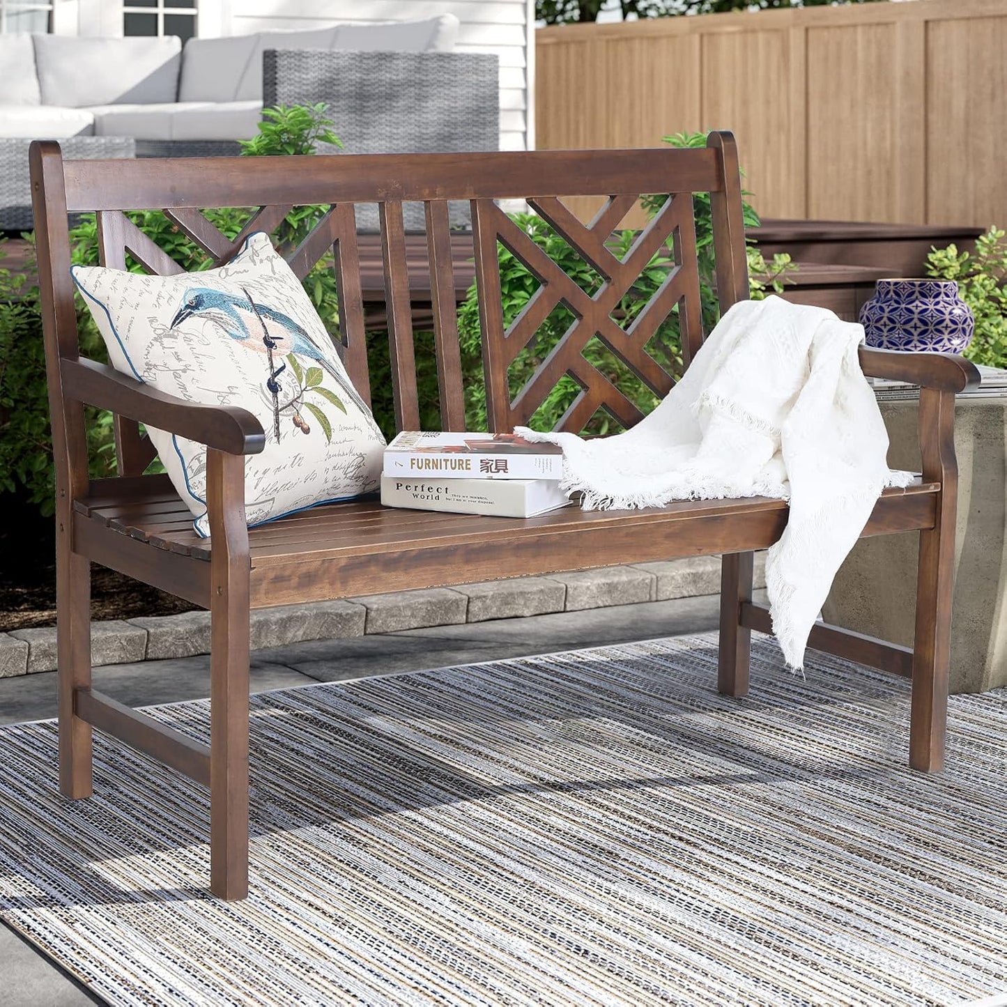 Sophia & William Outdoor Bench Garden Bench Wood 47", Patio Dining Bench Weatherproof with Back, Wooden Park Front Porch Benches for Outside, Rustic Poplar Wood Bench Long Narrow Clearance