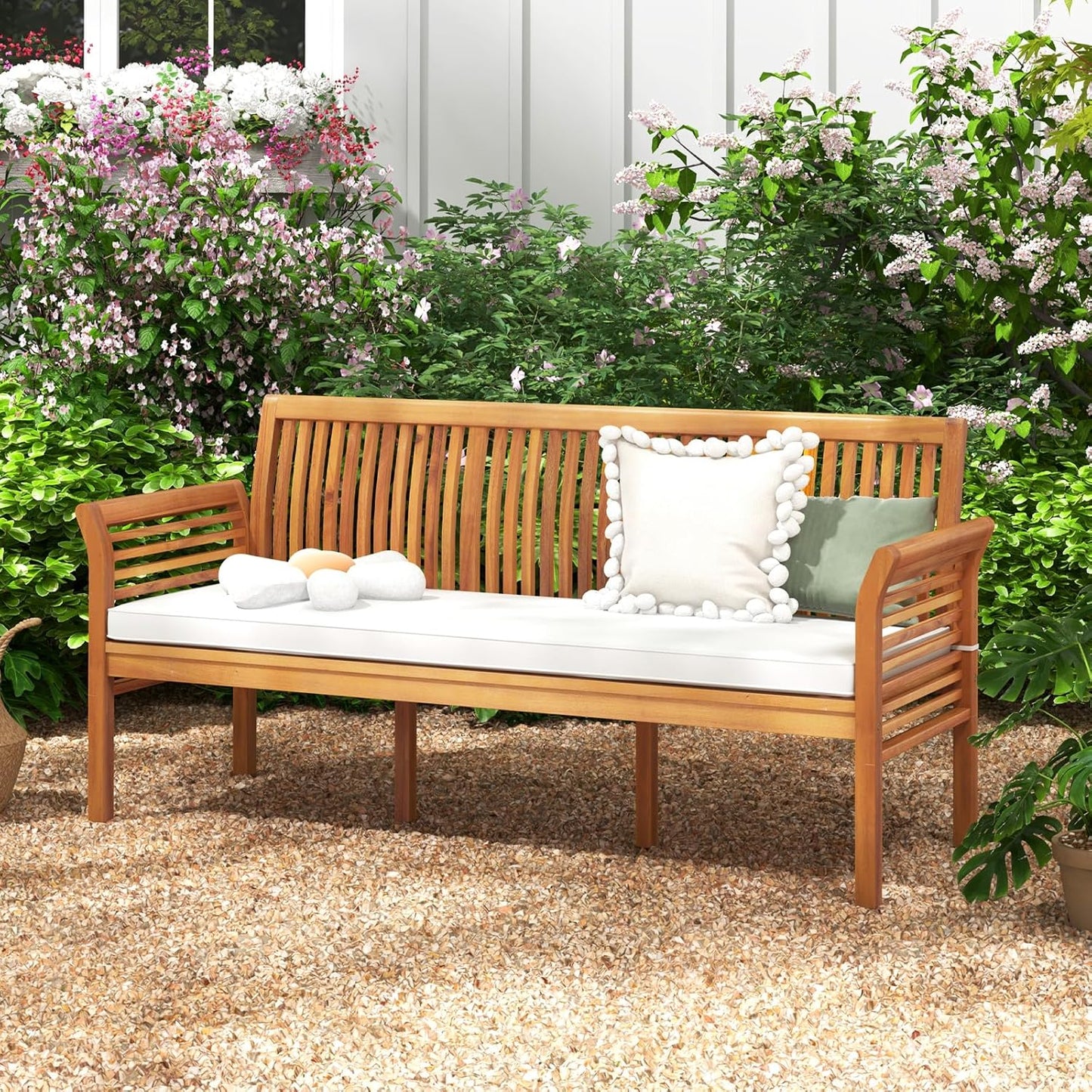 Tangkula 3-Seat Patio Acacia Wood Bench with Cushion, 62.5” Extra Long Outdoor Chair with Dense Slatted Backrest & Armrests, 1200 lbs Weight Capacity, Outside Bench for Yard, Balcony, Porch & Garden