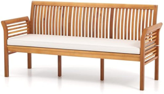 COSTWAY Wooden Outdoor Bench with White Cushion, Garden Bench with Curved Armrest & Slatted Back for Patio, Park & Porch, 23”x 62.5”x30.5”