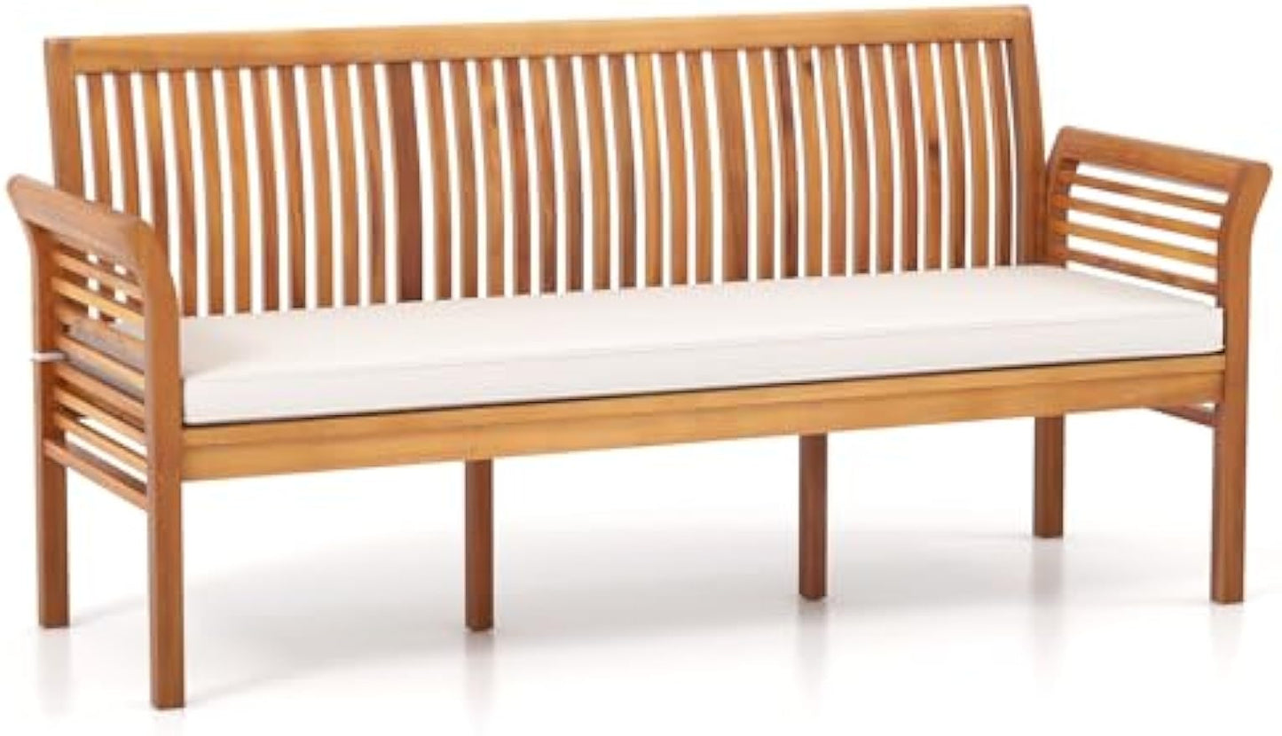 RELAX4LIFE 62.5’’ Outdoor Bench Acacia Wood - 3-Person Patio Bench w/Backrest, Armrests & Removable Seat Cushion, Slatted Wooden Garden Bench for Front Porch Park Backyard, 1200 LBS Weight Capacity