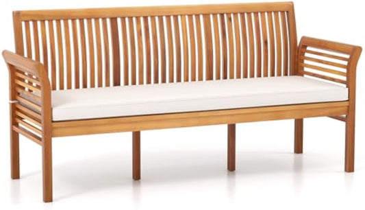 RELAX4LIFE 62.5’’ Outdoor Bench Acacia Wood - 3-Person Patio Bench w/Backrest, Armrests & Removable Seat Cushion, Slatted Wooden Garden Bench for Front Porch Park Backyard, 1200 LBS Weight Capacity