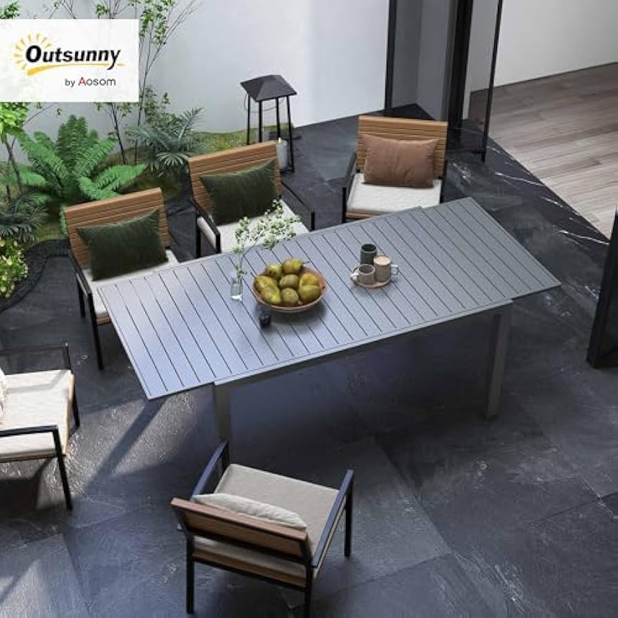 Outsunny Expandable Patio Table, Rectangle Patio Table, Outdoor Dining Table for 6-8 People with Aluminum Frame & Slatted Tabletop for Garden, Lawn, Balcony, Terrace, Charcoal Gray
