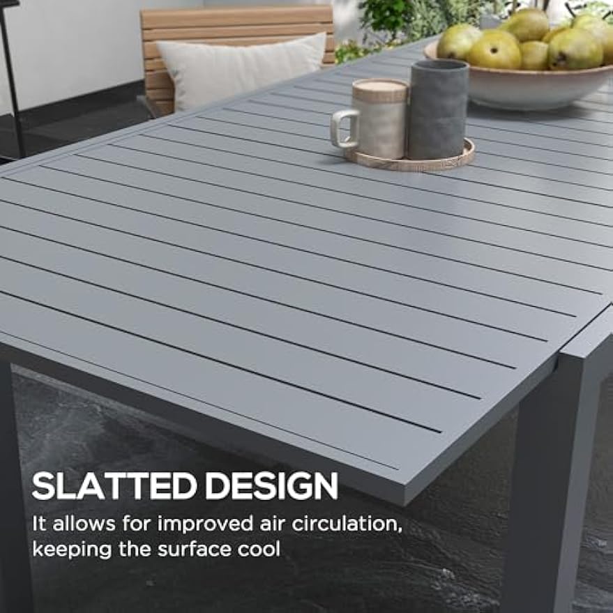 Outsunny Expandable Patio Table, Rectangle Patio Table, Outdoor Dining Table for 6-8 People with Aluminum Frame & Slatted Tabletop for Garden, Lawn, Balcony, Terrace, Charcoal Gray