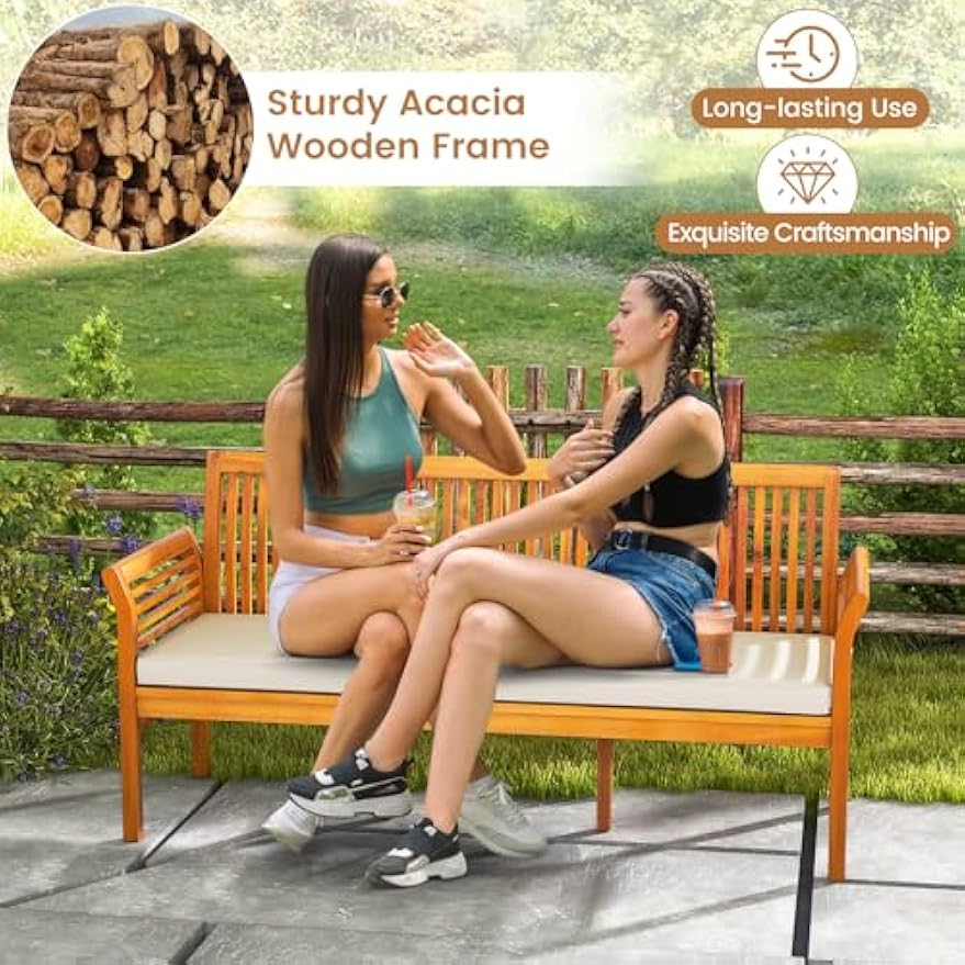 COSTWAY Wooden Outdoor Bench with White Cushion, Garden Bench with Curved Armrest & Slatted Back for Patio, Park & Porch, 23”x 62.5”x30.5”
