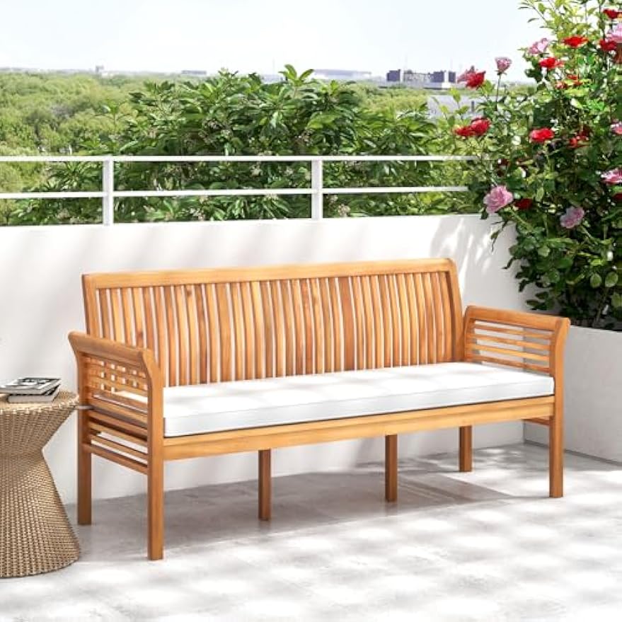 COSTWAY Wooden Outdoor Bench with White Cushion, Garden Bench with Curved Armrest & Slatted Back for Patio, Park & Porch, 23”x 62.5”x30.5”
