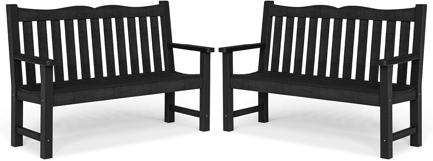 Outdoor Bench, 2-Person Poly Lumber Garden Bench, All-Weather Outside Bench with 800 lbs Weight Capacity, Never Rot or Fade, Looks Like Real Wood, Teak