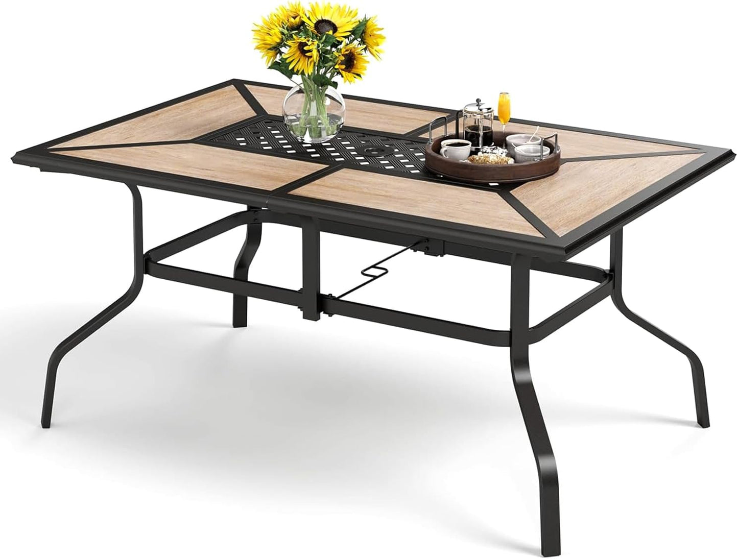 PHI VILLA 64" Large Metal Patio Dining Table Steel Rectangular Outdoor Table, Weather-Resistant Table with 1.77" Umbrella Hole for Lawn Backyard Garden, Black