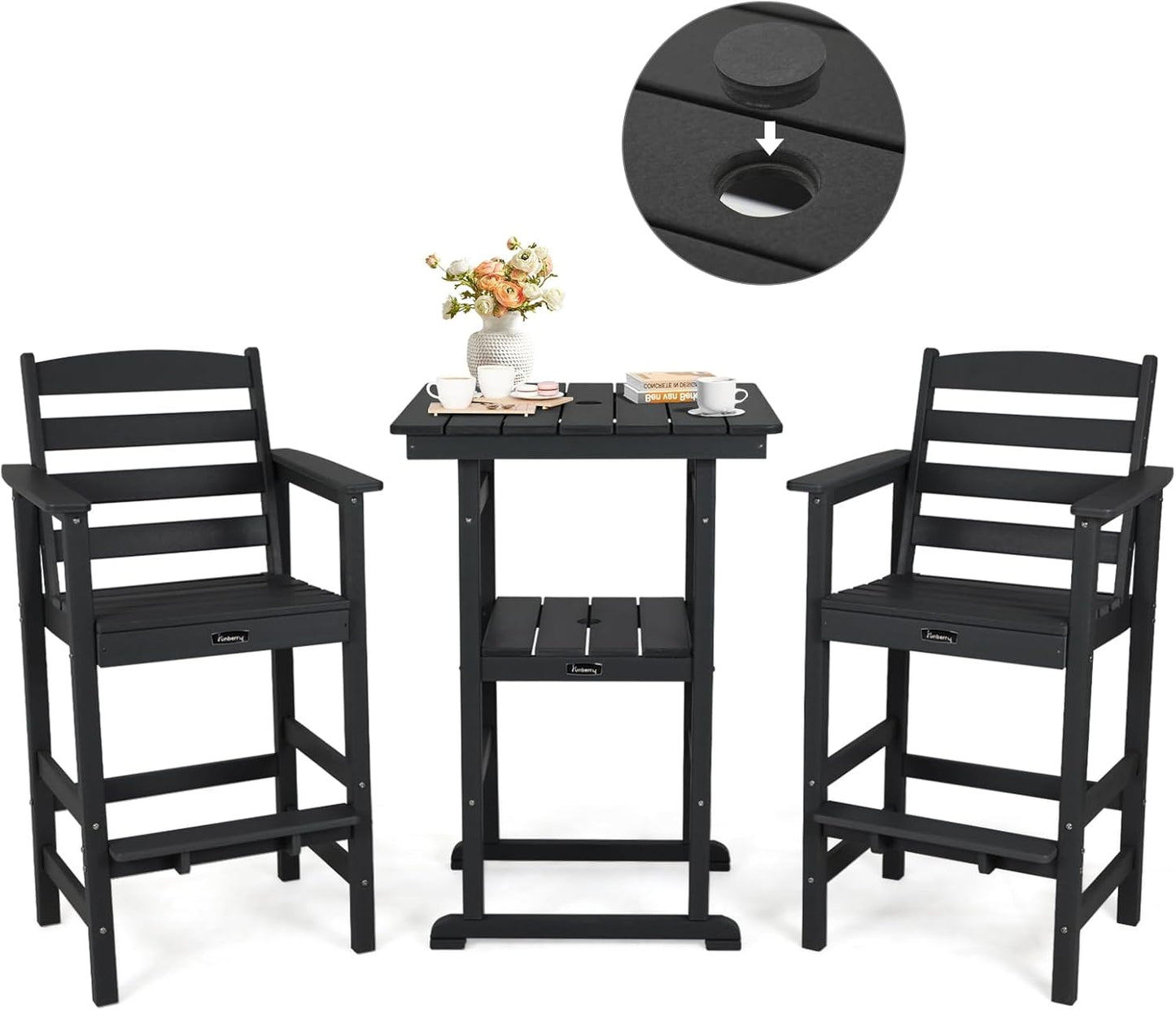 FUNBERRY Outdoor Bar Set with Umbrella Holes, Tall Adirondack Chairs and Table, All Weather HDPE Bar Height Outdoor Table and Chairs Set for Bistro Patio Balcony
