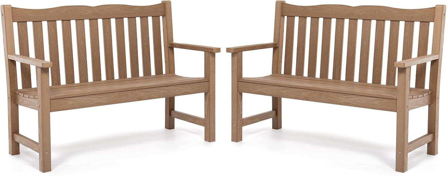 Outdoor Bench, 2-Person Poly Lumber Garden Bench, All-Weather Outside Bench with 800 lbs Weight Capacity, Never Rot or Fade, Looks Like Real Wood, Teak