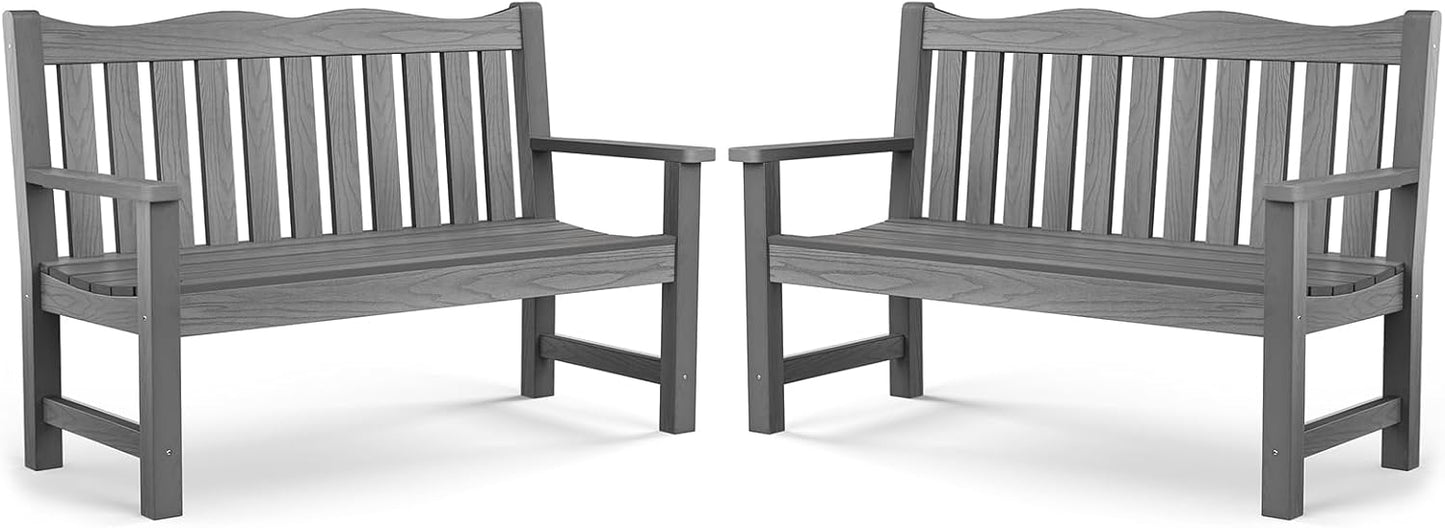 Outdoor Bench, 2-Person Poly Lumber Garden Bench, All-Weather Outside Bench with 800 lbs Weight Capacity, Never Rot or Fade, Looks Like Real Wood, Teak
