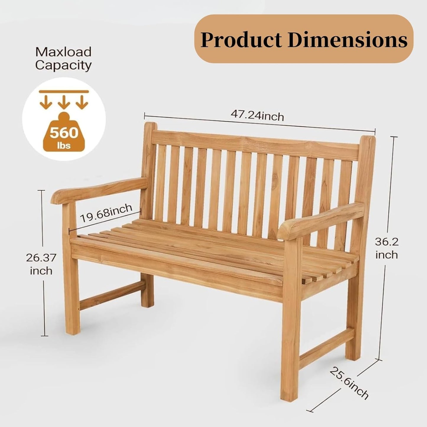 Outdoor Teak Bench, Park Bench for 2 People, Ergonomic Patio Seating, Weather-Resistant and Durable Design, Perfect for Yard, or Porch.
