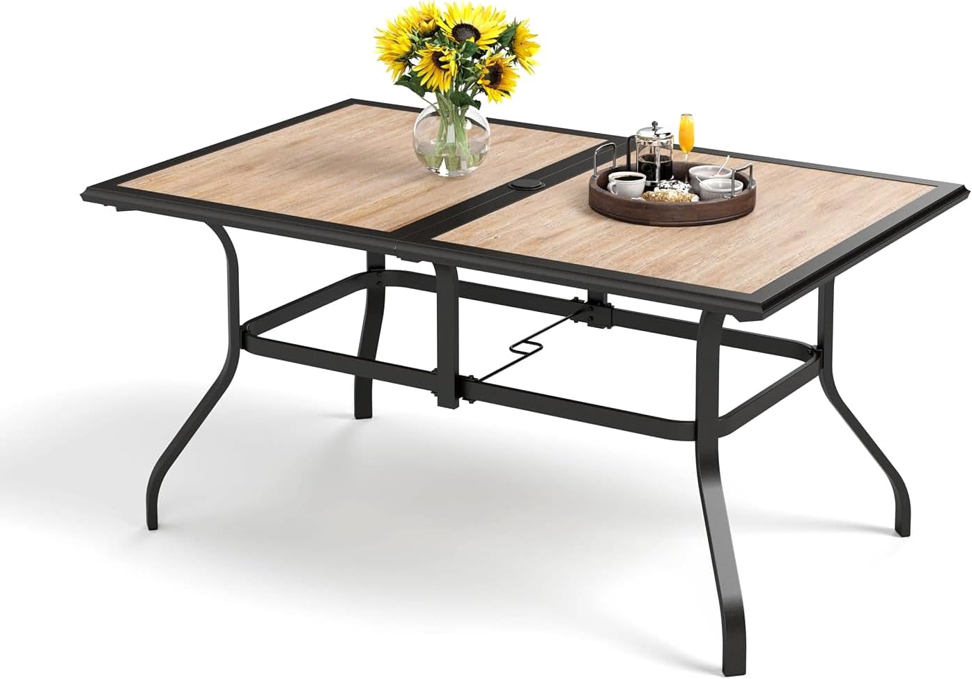 PHI VILLA 64" Large Metal Patio Dining Table Steel Rectangular Outdoor Table, Weather-Resistant Table with 1.77" Umbrella Hole for Lawn Backyard Garden, Black