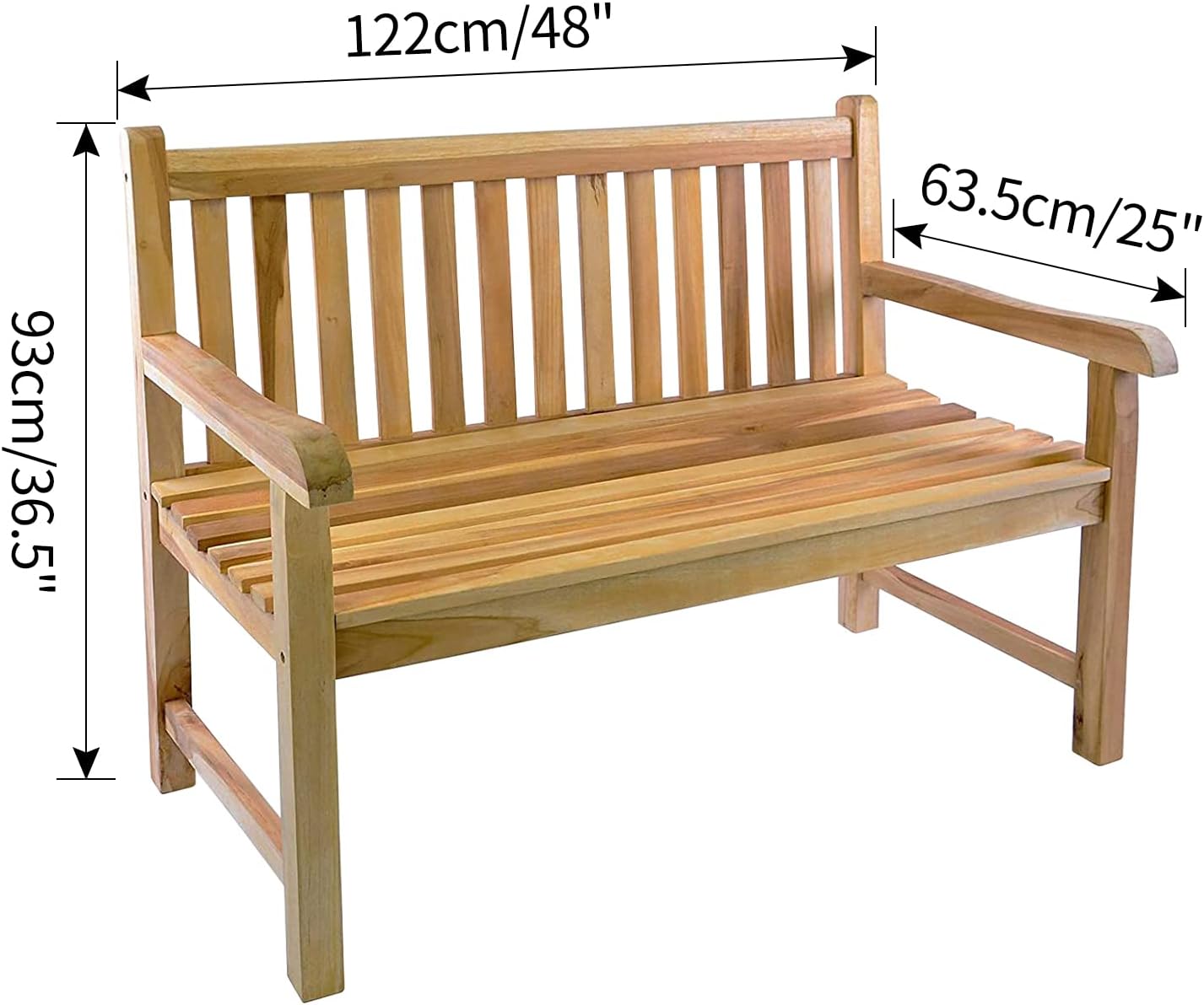 4 Feet Patio Bench - Golden Teak Wood Porch Chair Yard Garden Bench Balcony Outdoor with Armrest & Backrest(Natural Wood Color)