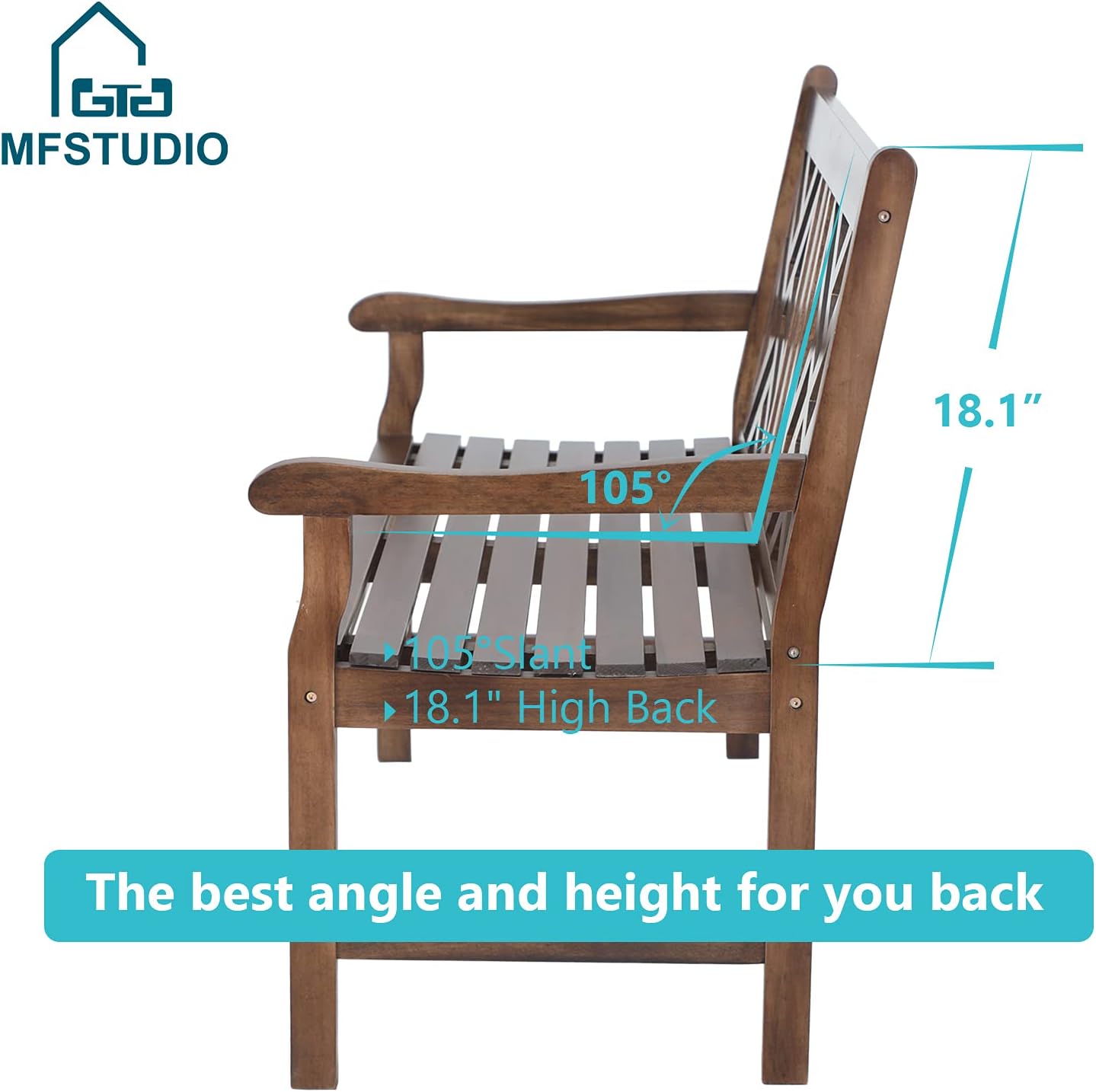 MFSTUDIO Outdoor Acacia Wood Garden Bench with Backrest and Armrest, 2-Person Slatted Seat Bench Patio Furniture for Porch Park Yard, Weight Capacity 600 lbs(Brown)