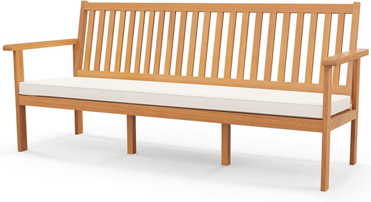 RELAX4LIFE 64’’ Outdoor Bench Acacia Wood - 3-Person Patio Bench w/Slatted Backrest, Armrests & Removable Seat Cushion, Wooden Front Porch Garden Bench for Poolside Balcony Backyard, 1200 LBS Capacity