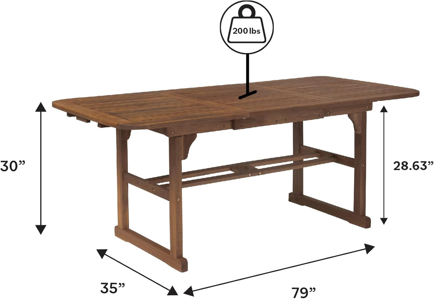 Walker Edison Maui Modern Solid Acacia Wood Slatted Patio Dining Table, 78 Inch, Dark Brown
